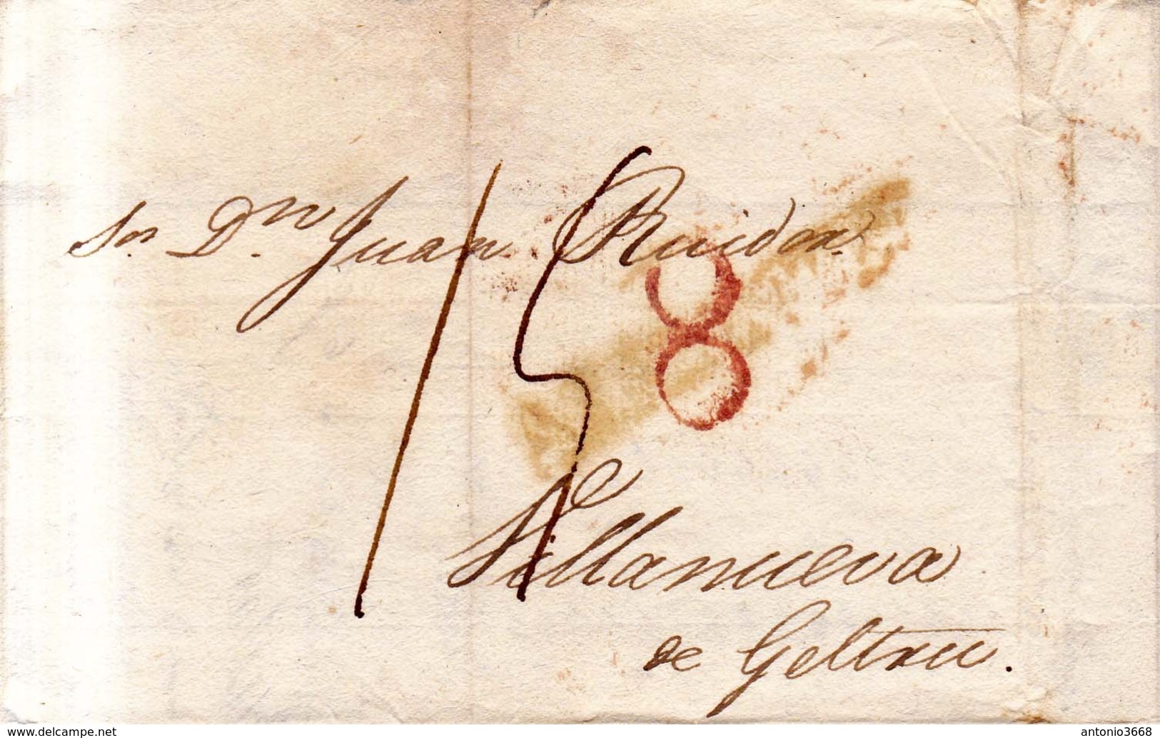 Prefilatelia Año 1814 Carta De Alicante A Villanueva Y Geltru    Marcas Nº9 Alicante Y Porteo  Rojo 8 Carta FACTURA - ...-1850 Prefilatelia