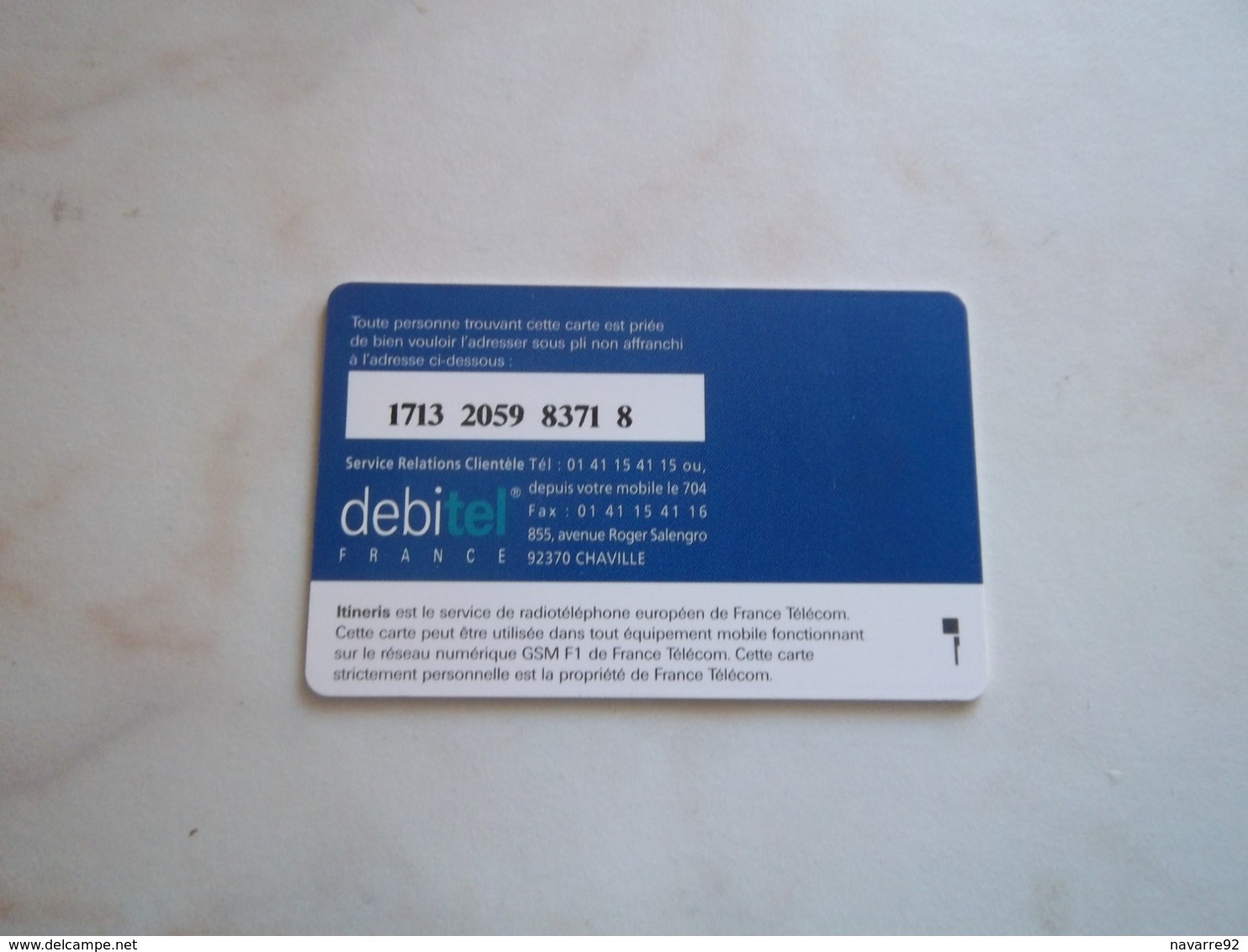 ANCIENNE CARTE GSM SIM DEBITEL ITINERIS T.B.E !!! - Autres & Non Classés