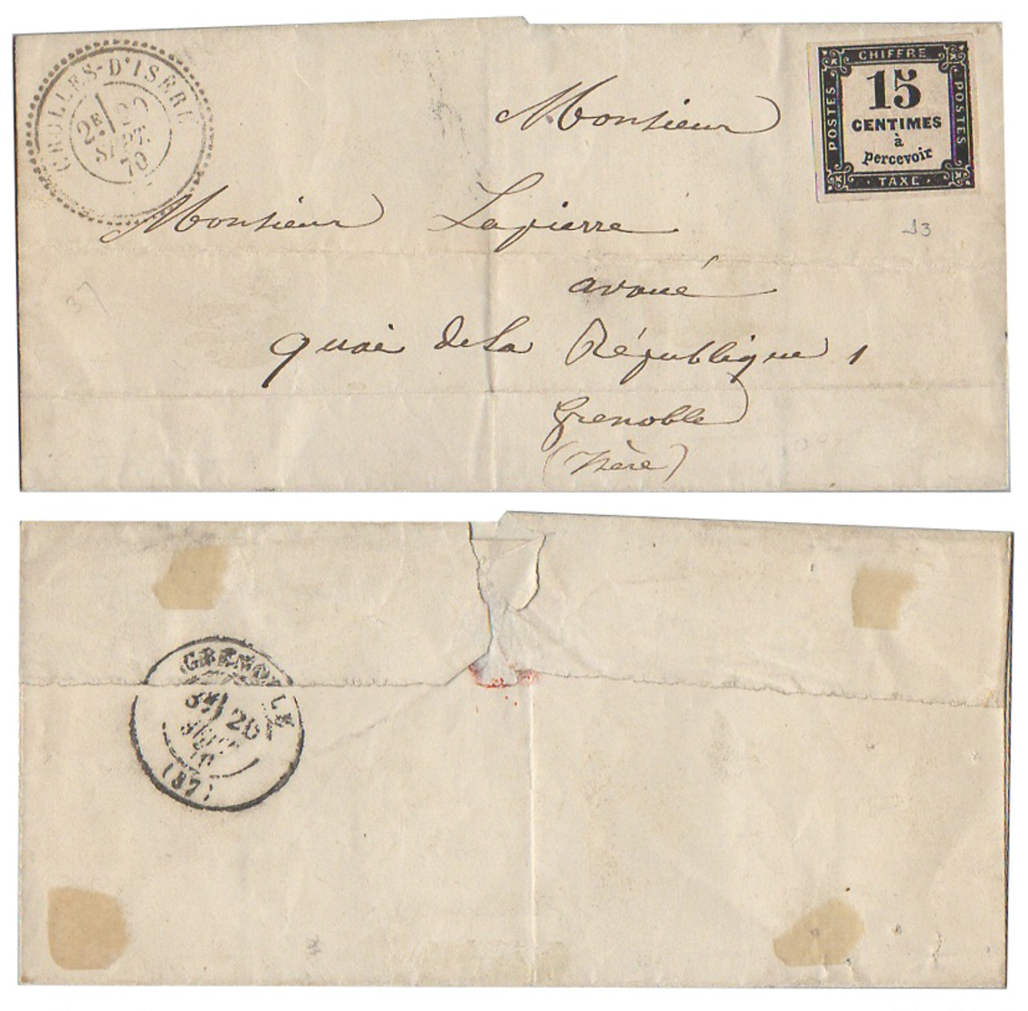 [832] - Lettre De CROLLES D'ISÈRE à Grenoble - Cachet Type 24 - 20-09-1870 - Avec Y&T Taxe N°3 - Autres & Non Classés