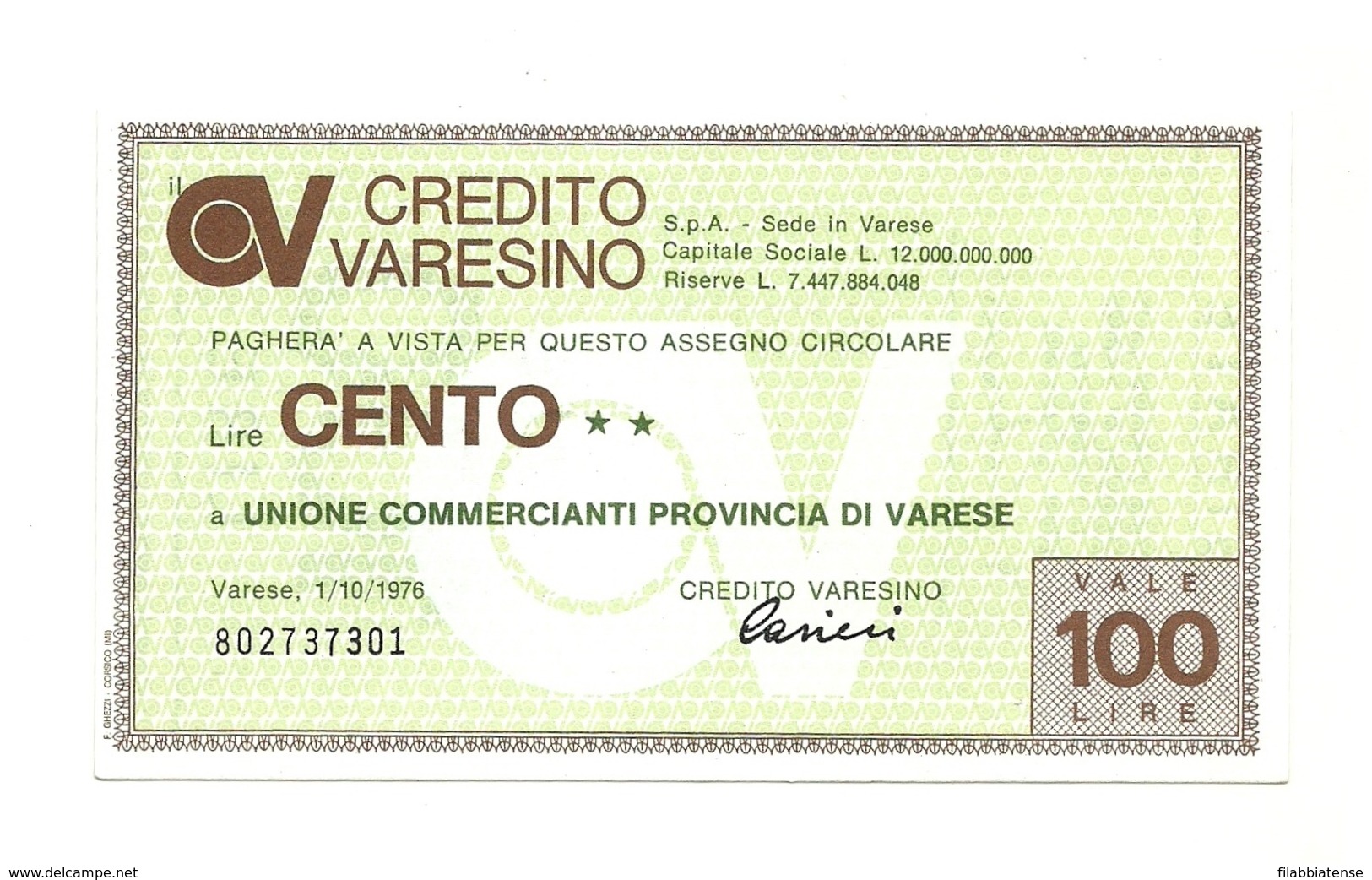 1976 - Italia - Credito Varesino - Unione Commercianti Provincia Di Varese - [10] Assegni E Miniassegni