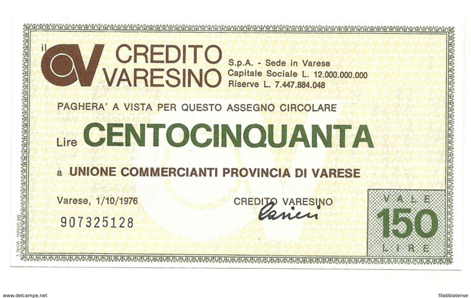 1976 - Italia - Miniassegno Da 150 Lire Del Credito Varesino - Unione Commercianti Provincia Di Varese - [10] Assegni E Miniassegni