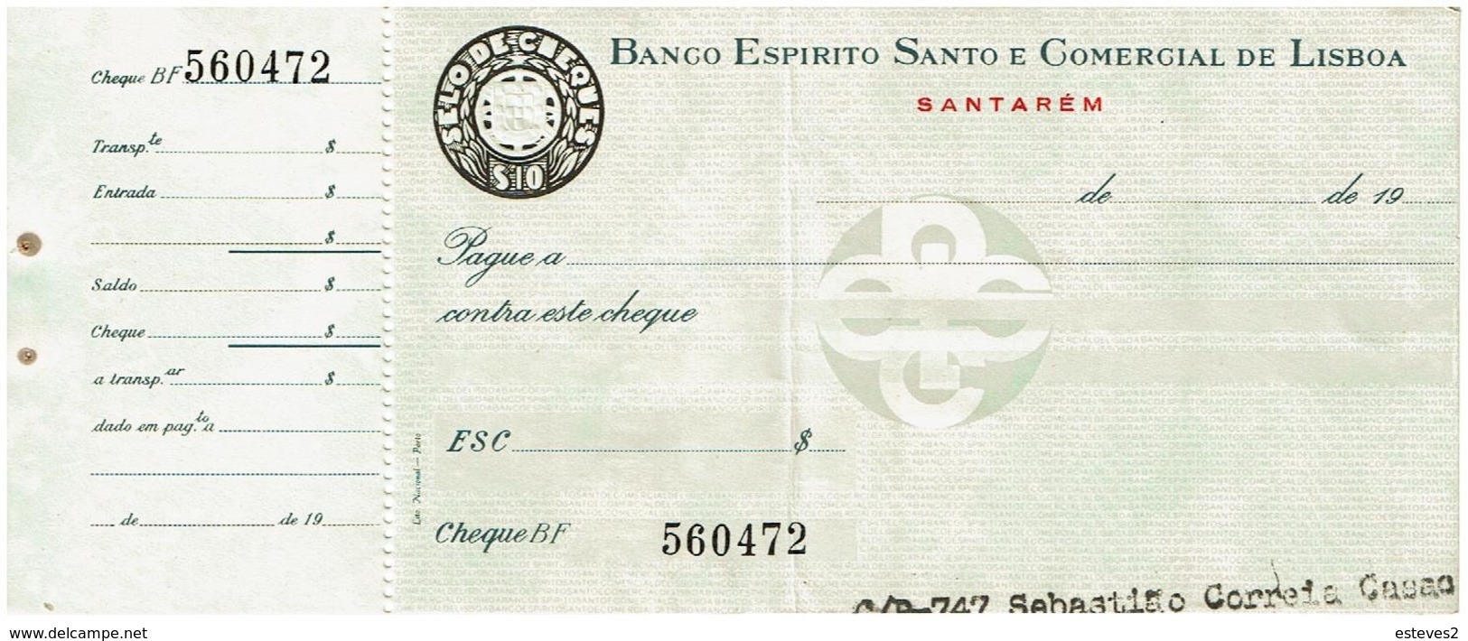 Cheque , BESCL , Banco Espirito Santo E Comercial De Lisboa - Cheques En Traveller's Cheques