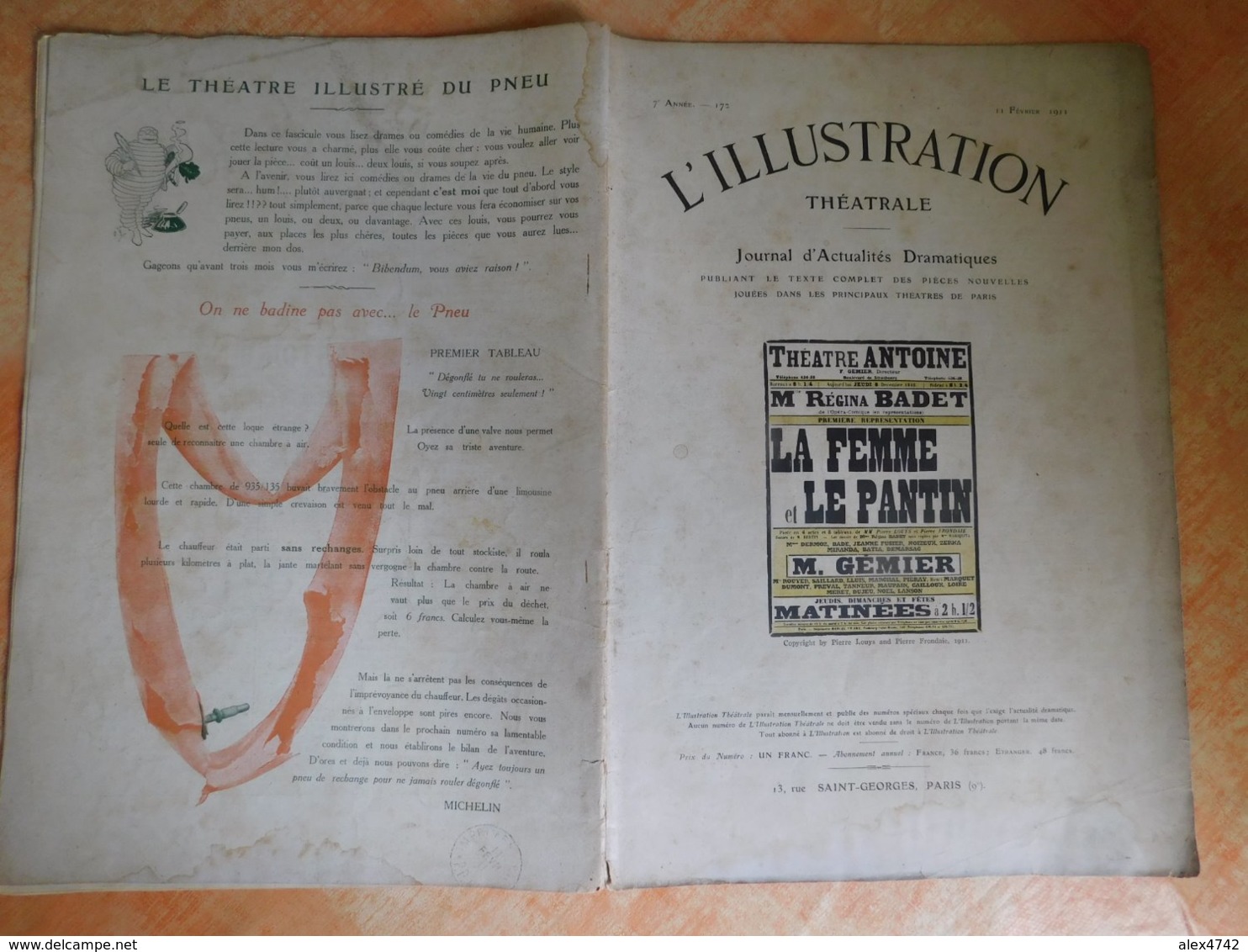 L'illustration, Théatrale, 172, 11/02/1911, Publicité Michelin  (Box5) - Sonstige & Ohne Zuordnung
