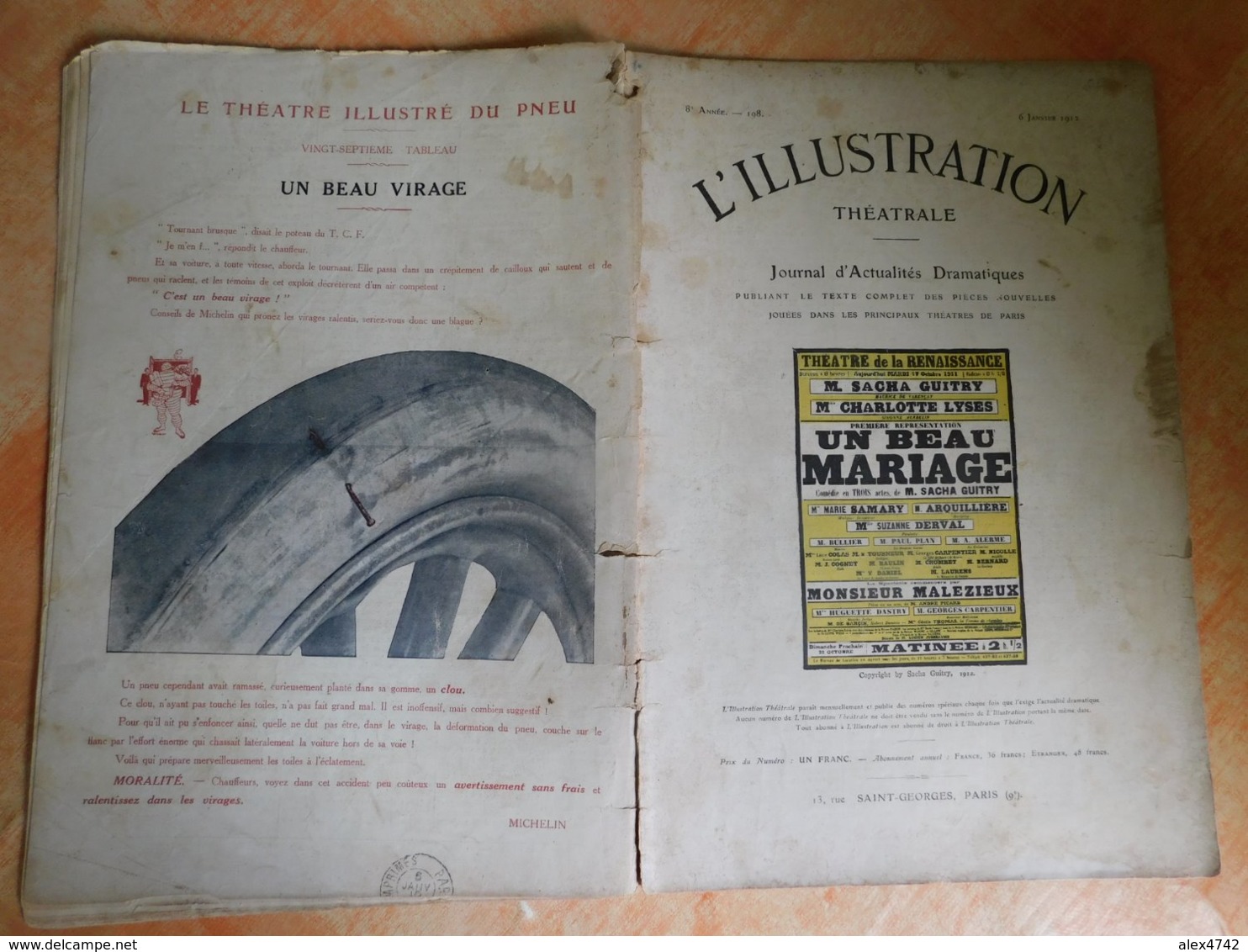 L'illustration, Théatrale, 198, 06/01/1912, Publicité Michelin  (Box5) - Andere & Zonder Classificatie