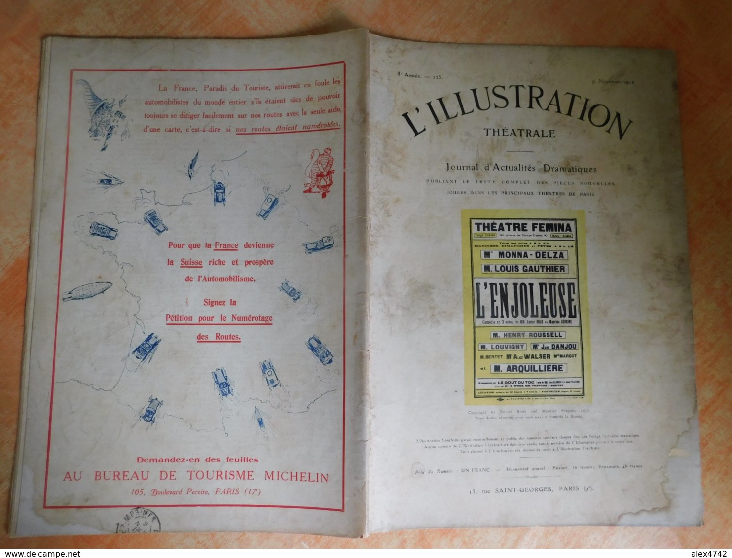 L'illustration, Théatrale, 223, 09/11/1912, Publicité Michelin  (Box5) - Andere & Zonder Classificatie