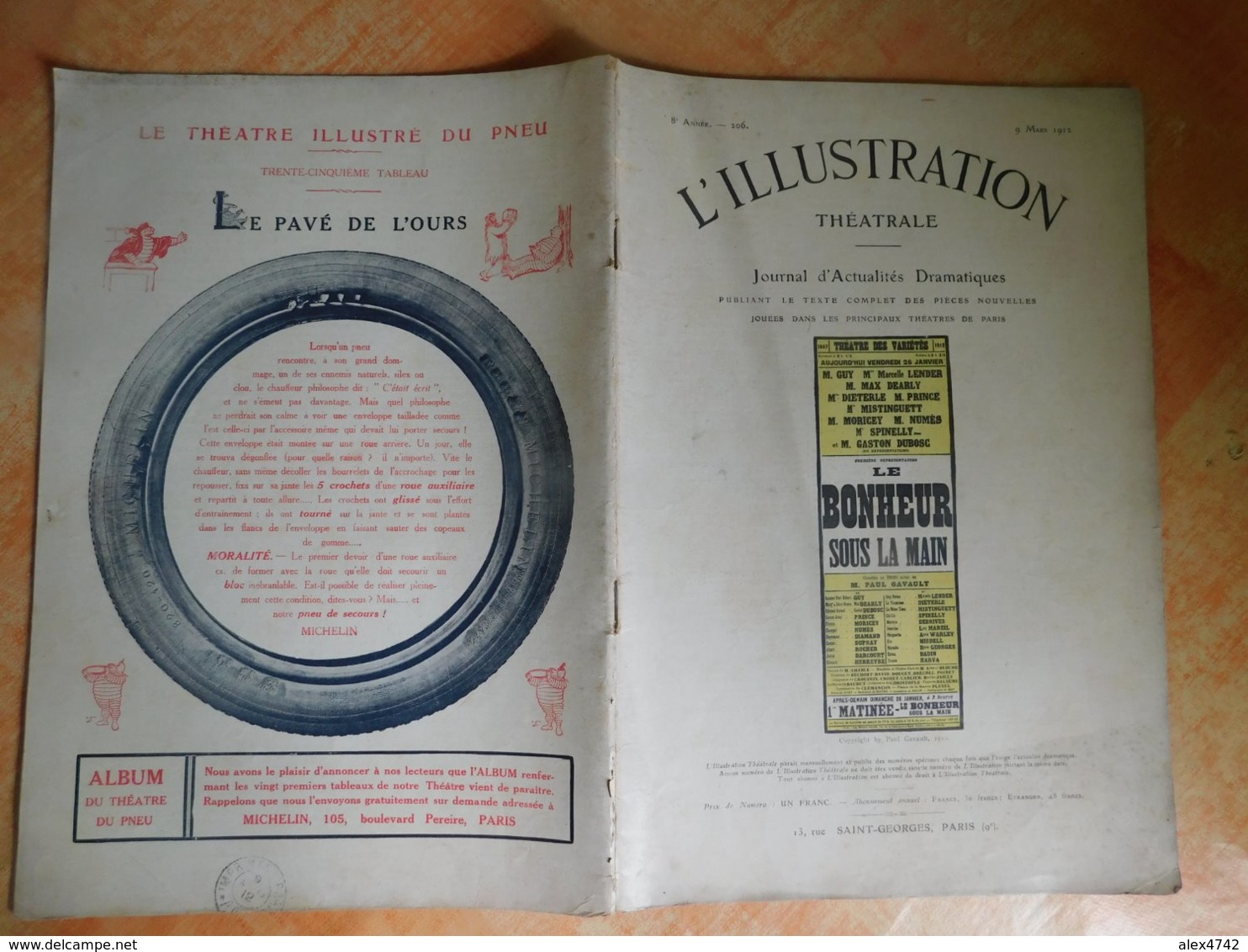 L'illustration, Théatrale, 206, 09/03/1912, Publicité Michelin  (Box5) - Andere & Zonder Classificatie