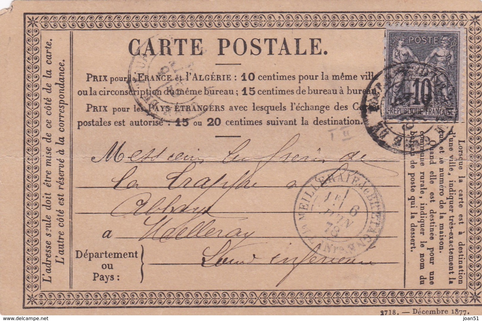 M 13  CARTE PRECURSEUR MEILLERAIE DE BRETAGNE LE 6/6/1878 - Autres & Non Classés