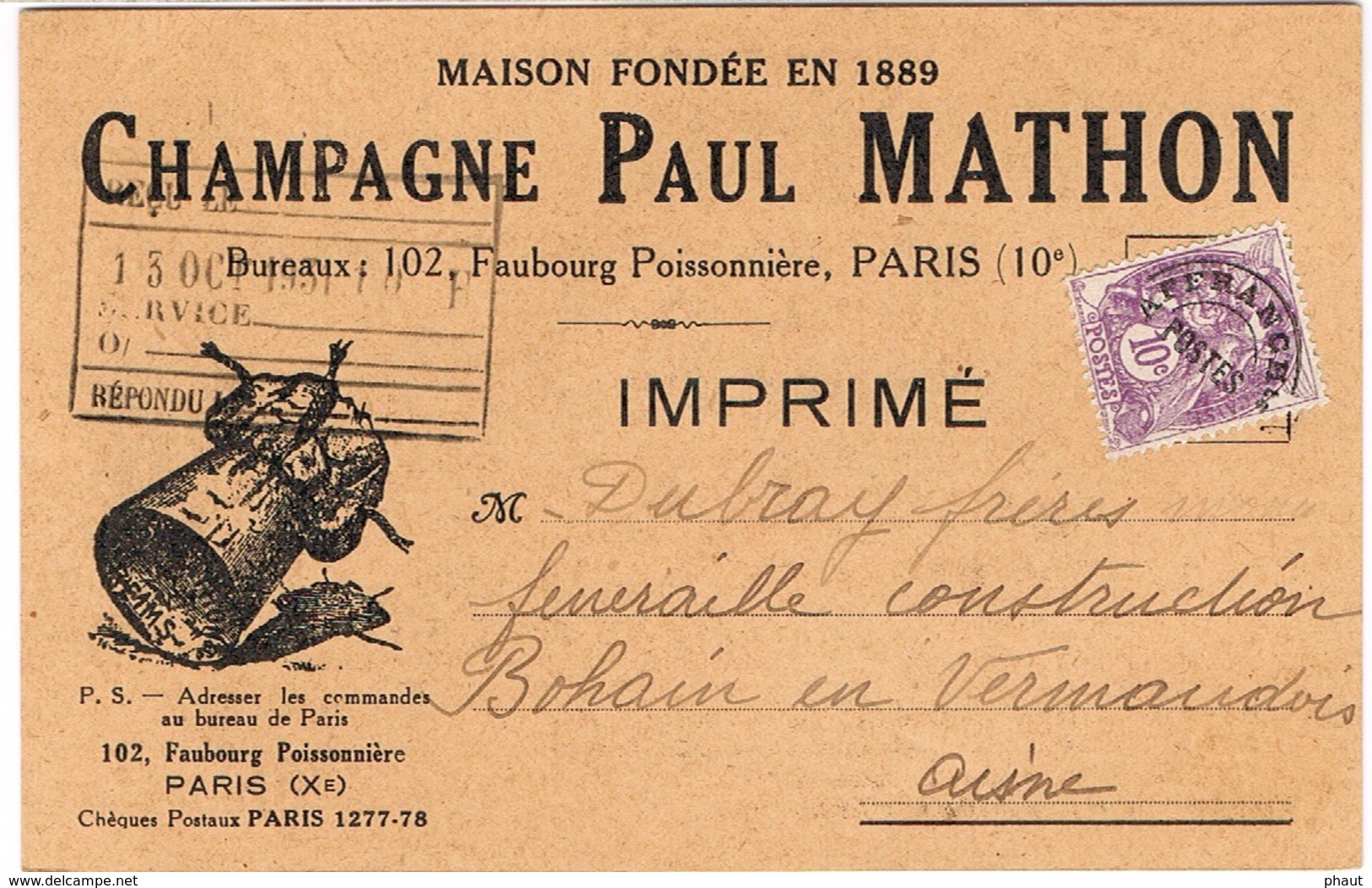 CARTE COMMERCIALE ILLUSTREE  PUB CHAMPAGNE PAUL MATHON PARIS - 1921-1960: Période Moderne