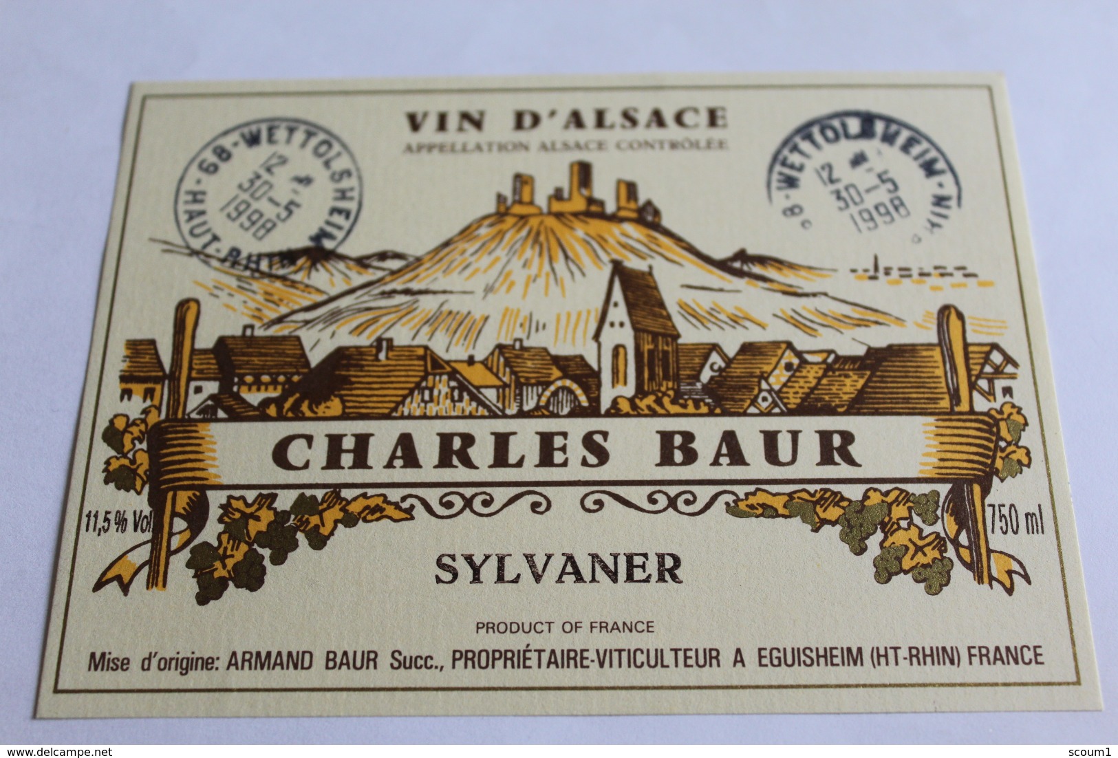 Etiquette Neuve Vin D Alsace Sylvaner Charles Baur 11,5o - White Wines