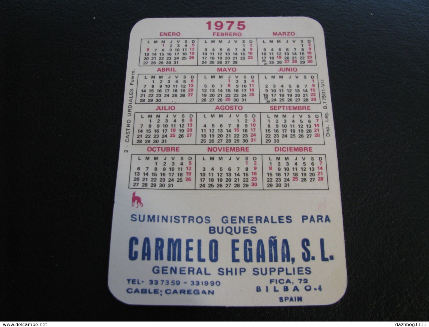 Spain Pocket Calendar Carmelo Egana General Ship Supplies 1975 - Tamaño Pequeño : 1971-80