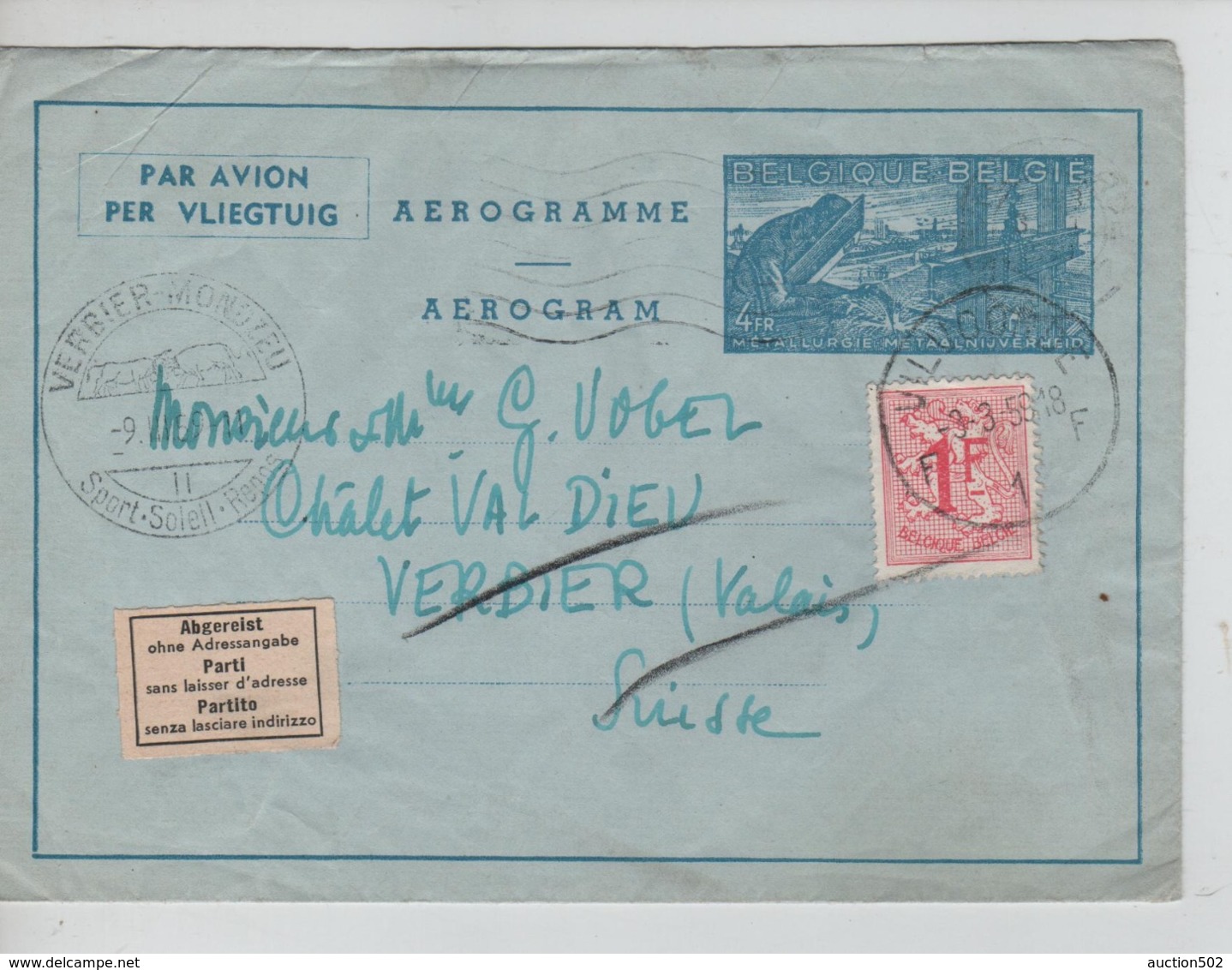 PR7269/ Entier Aérogramme 5+TP 859 C.Vilvoorde 3/3/58 > Verbier Suisse étiquette Trilingue Parti Sans Laisser D'adresse - Aerograms