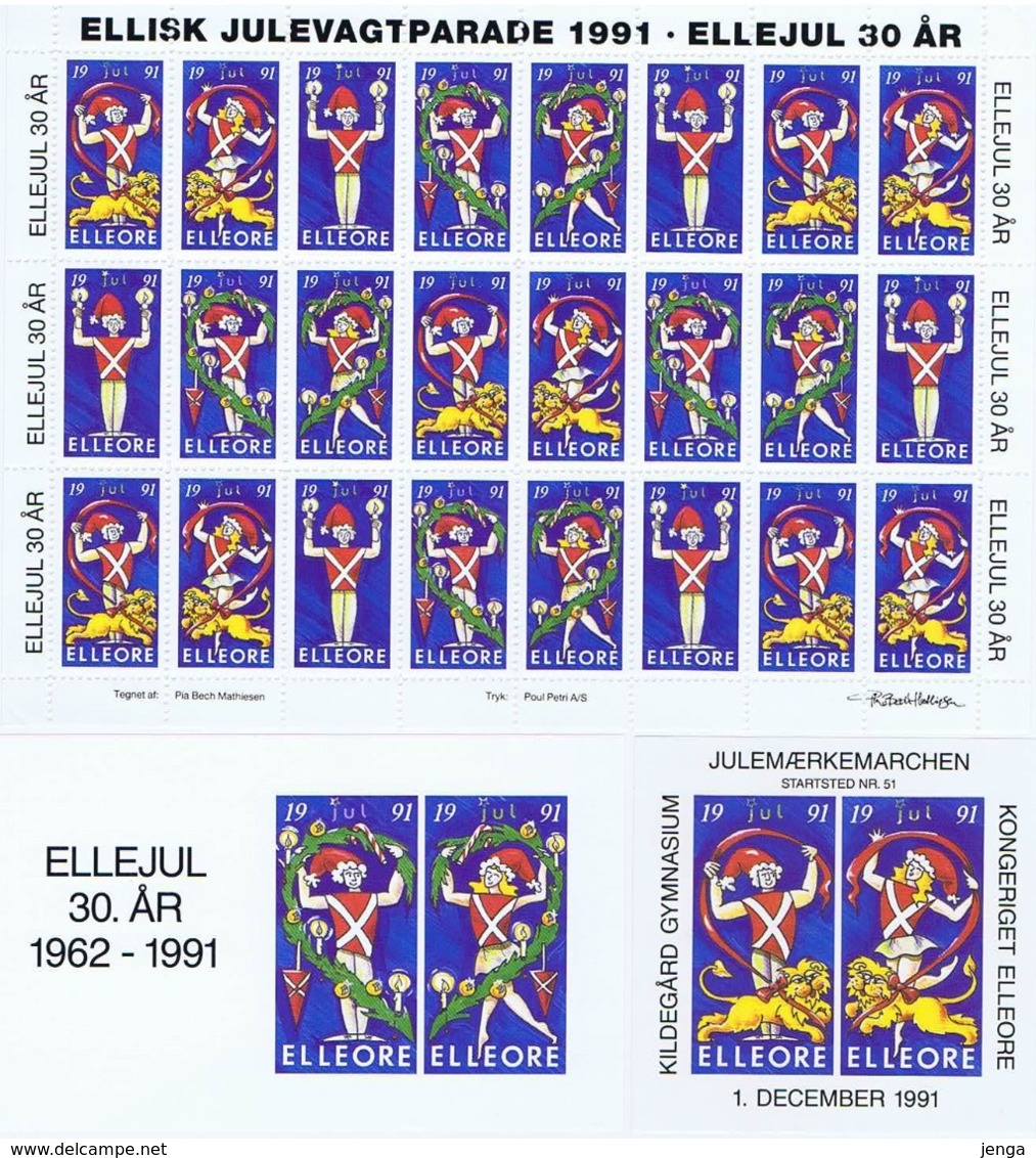 Denmark; Local Christmas Seals - Elleore, 1991, Full Sheet And 2 Advertising Labels  MNH **, Not Folded, - Ganze Bögen