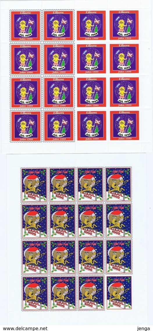 Denmark; Local Christmas Seals - Elleore, 1999 & 2000, 2 Self-adhesive Full Sheets  MNH **, Not Folded, - Feuilles Complètes Et Multiples