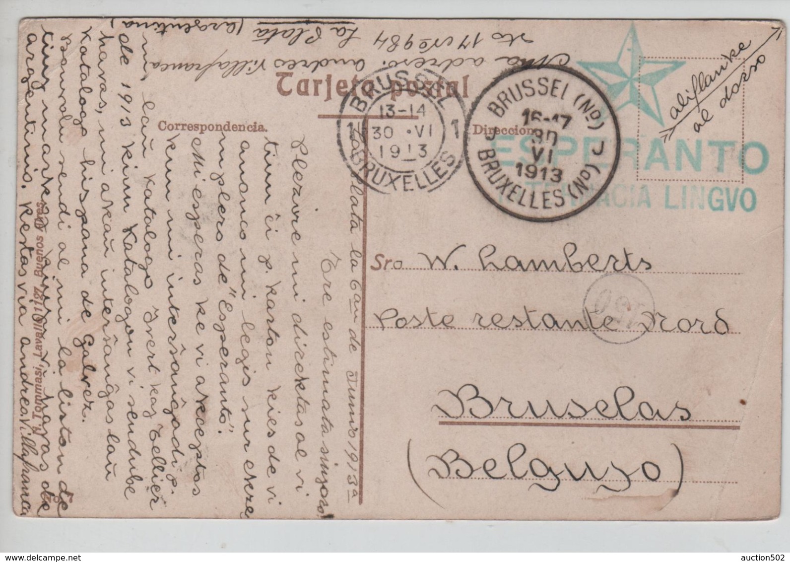 PR7271/ TP 5c CP Argentina B.A Written From La Plata 1913 Esperanto > Belgium Brussels Arrival Cancellation - Esperanto