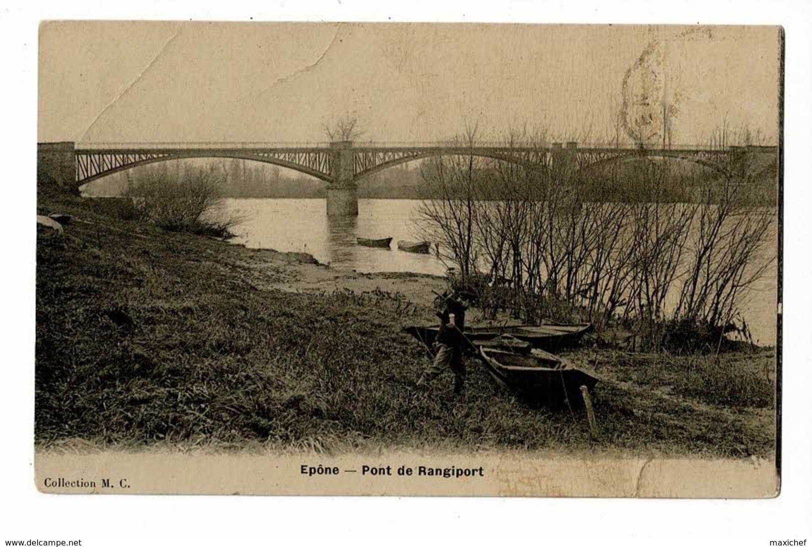 Epône - Pont De Rangiport (3 Arches) Le Pêcheur Pousse Sa Barque à L'aide D'un Pieux - Circulé Sans Date, Glacée - Epone