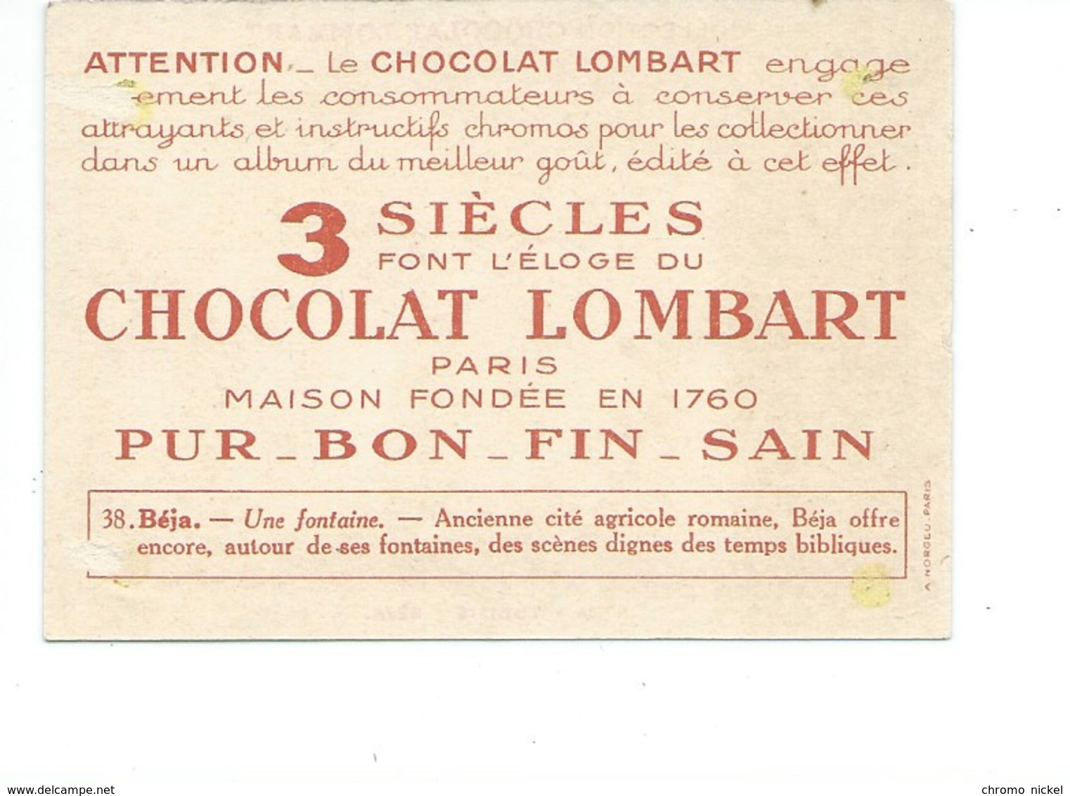 Chromo TUNISIE Béja Fontaine Didactique Au Dos Colonies Françaises Pub Chocolat Lombart 2 Scans TB - Lombart