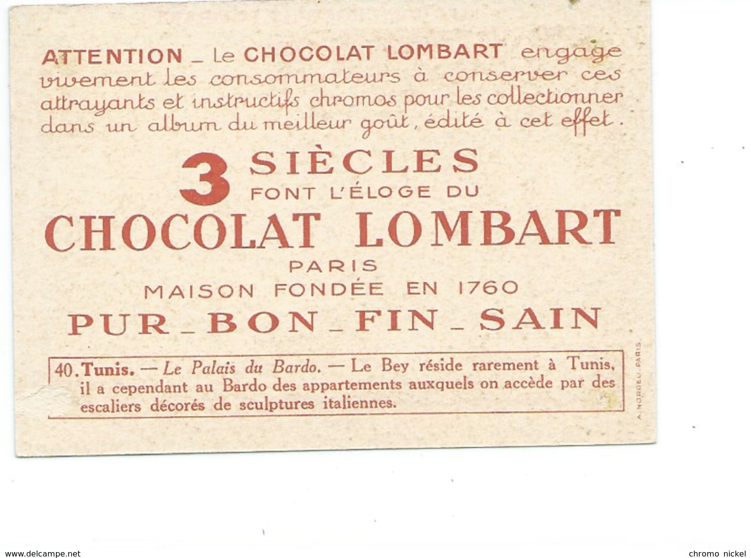 Chromo Tunisie Tunis Le Bardo Didactique Au Dos Colonies Françaises Pub Chocolat Lombart 2 Scans TB - Lombart