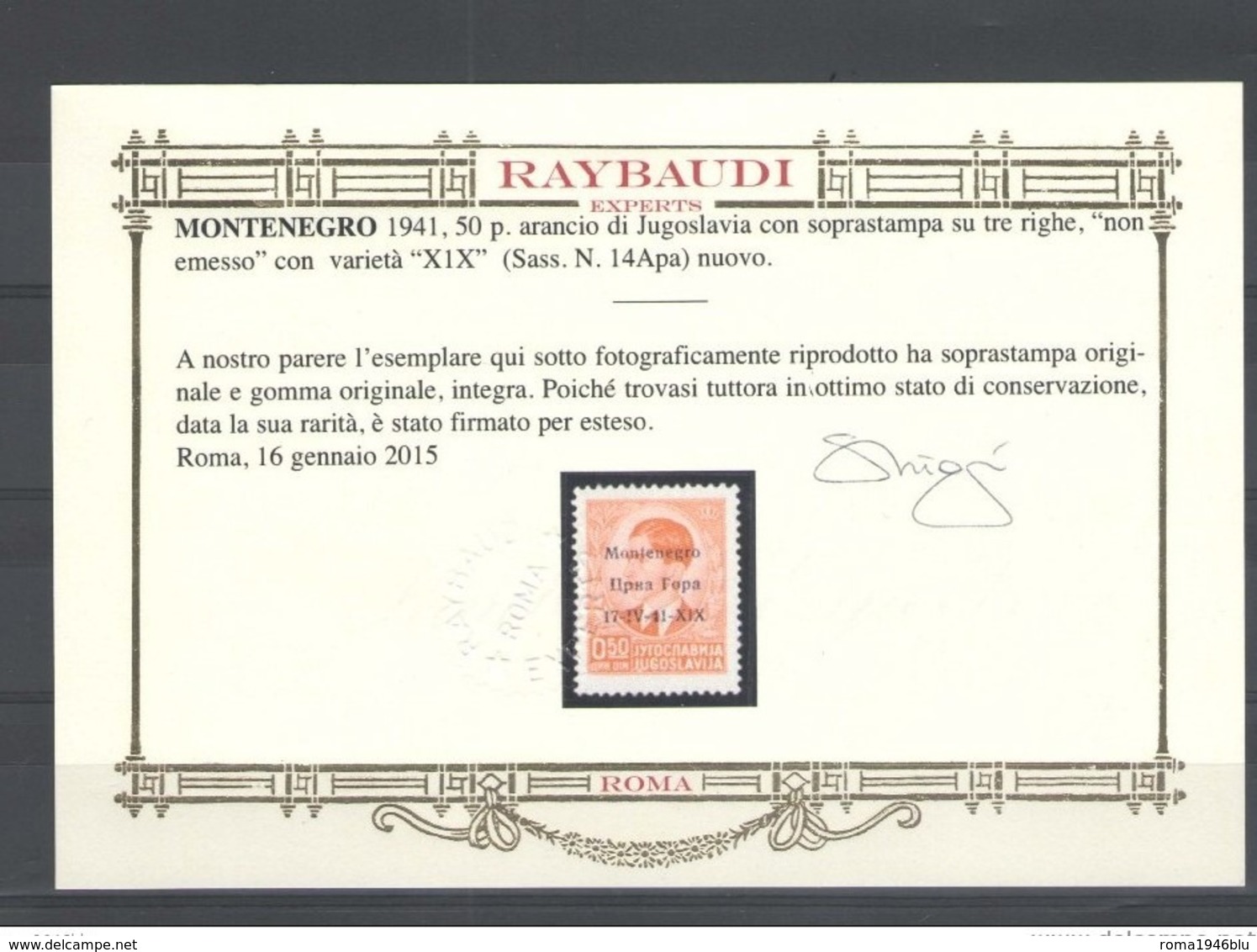 MONTENEGRO 1941 50 P. ARANCIO DI JUGOSLAVIA  SOPR. SU 3 RIGHE NON EMESSO VARIETA' N. 14APA** MNH C.ORO RAYBAUDI - Montenegro