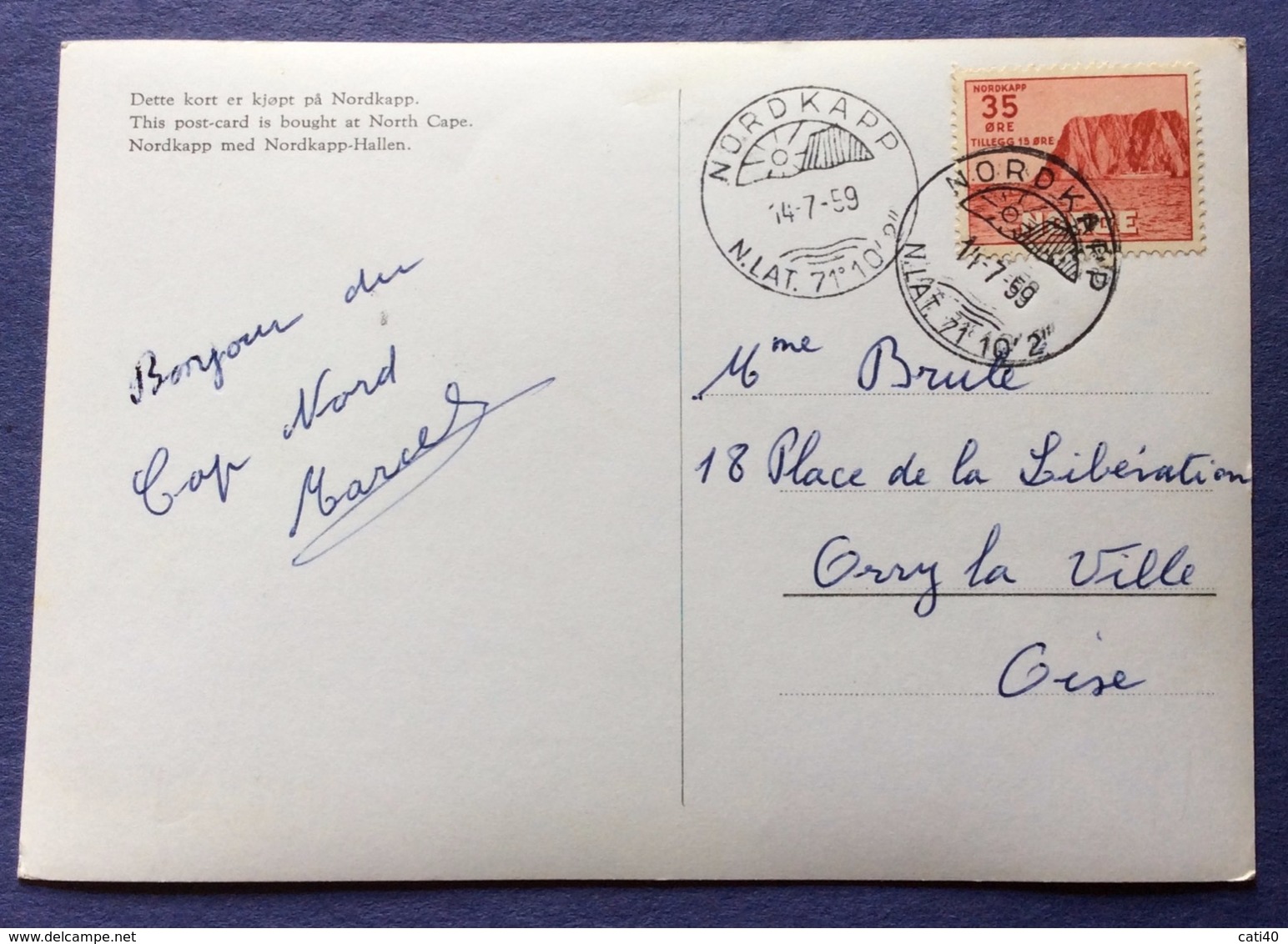 NORVEGIA  NORDKAPPN.LAT. 71 10 2 " THE 14/7/59 POST CARD CON 35 ORE +TILLEG 15 ORE - Unclassified