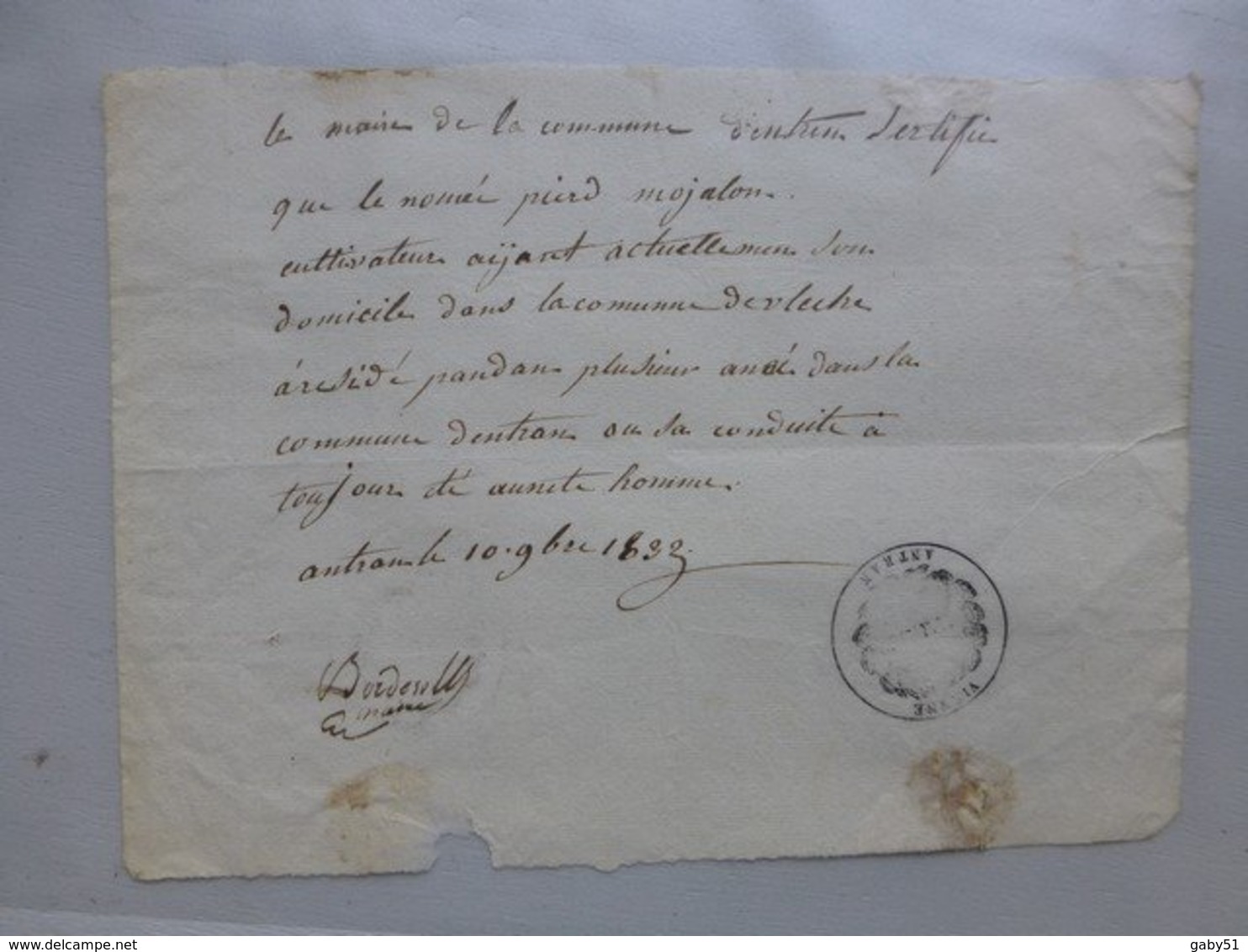 86 ANTRAN 1832, Attestation Du Maire Pour Pierre Monjalon, TOP ORTHOGRAPHE   Ref642 ; PAP06 - Documents Historiques