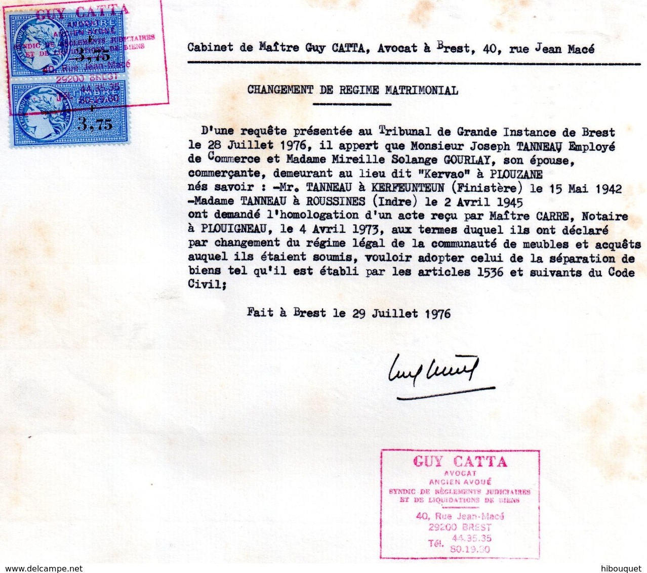 Changement De Regime Matrimonial 1976, Brest, 2 Timbres Fiscaux Bleu De 3.75 Francs - Other & Unclassified