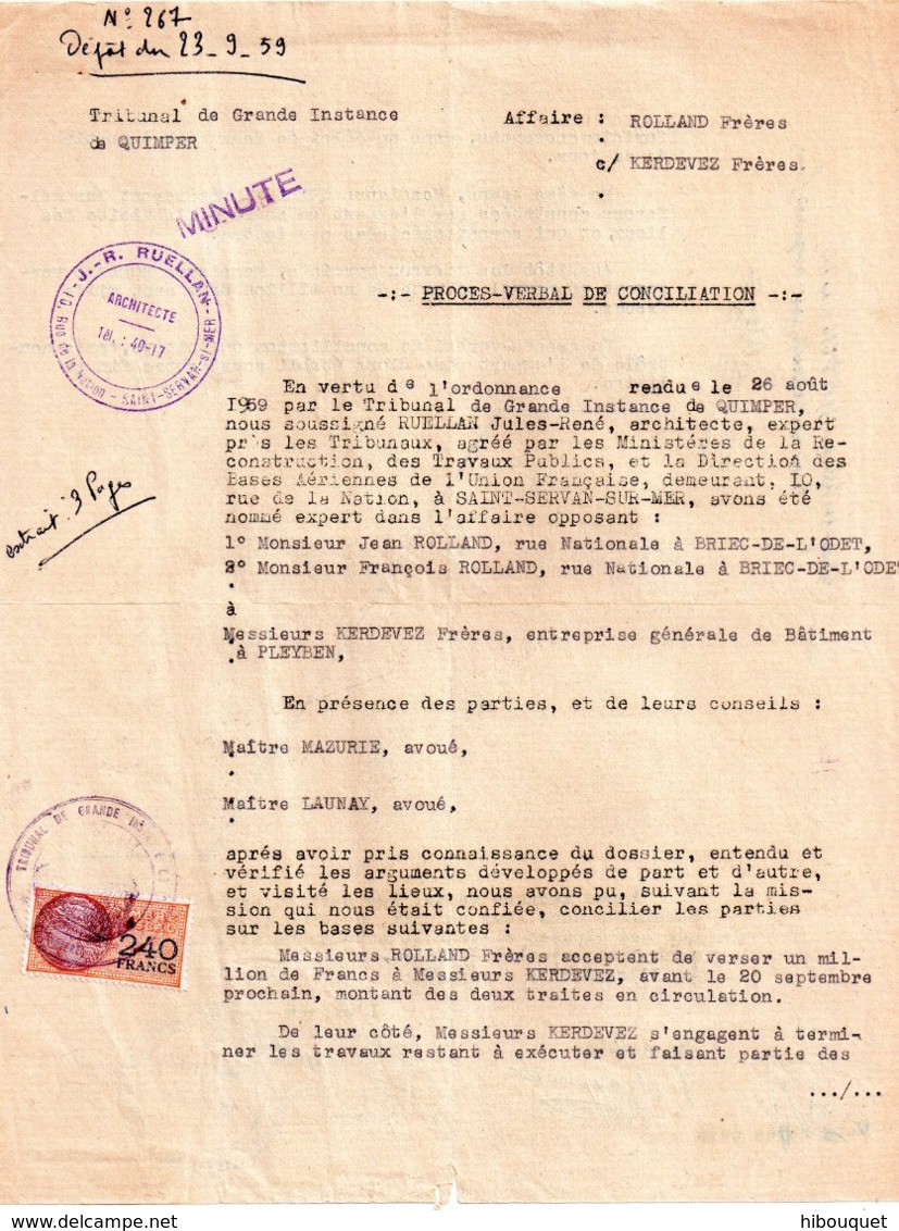 Proces Verbal De Conciliation Tribunal De Quimper Pour Travaux, 1939, Timbre Fiscal Orange De 240 Francs - Autres & Non Classés