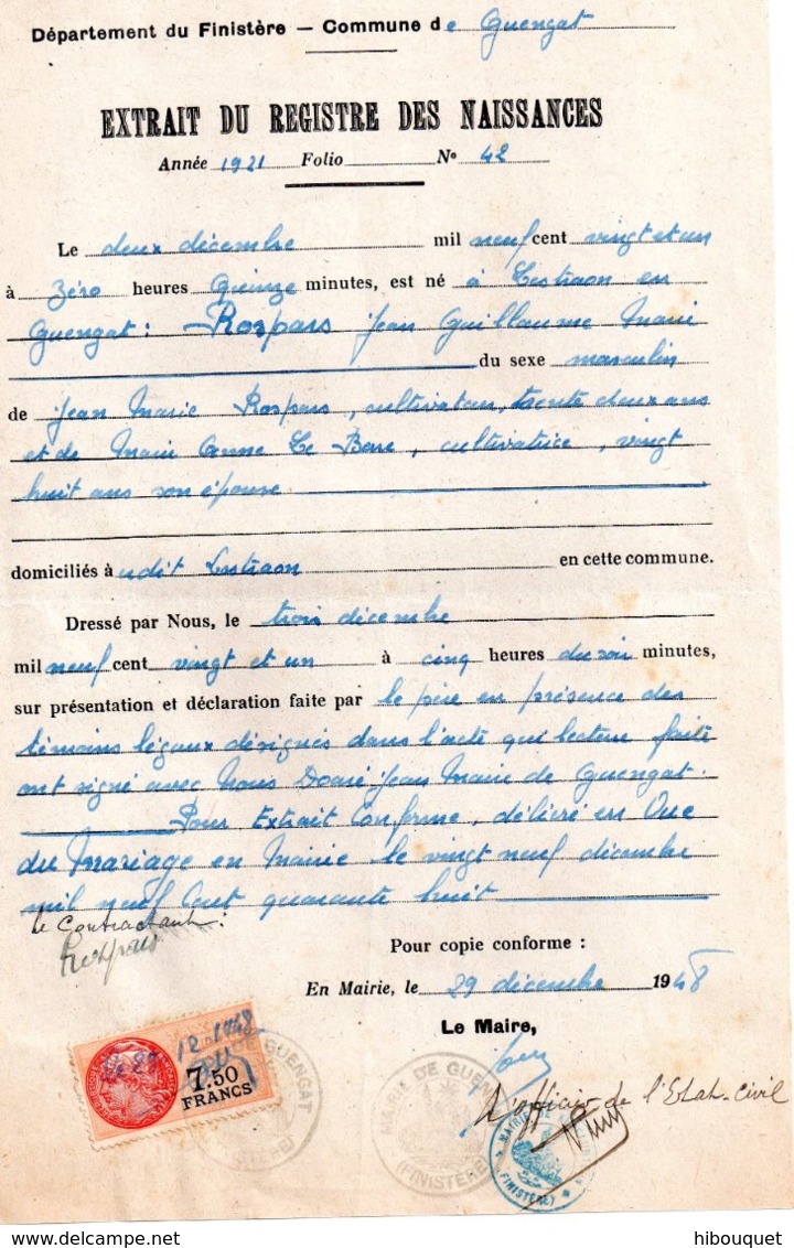 Extrait Du Registre Des Naissances, Mairie De Guengat, En Vue De Mariage, 1948. Timbre Taxe Communale De 7.50 Francs - Altri & Non Classificati