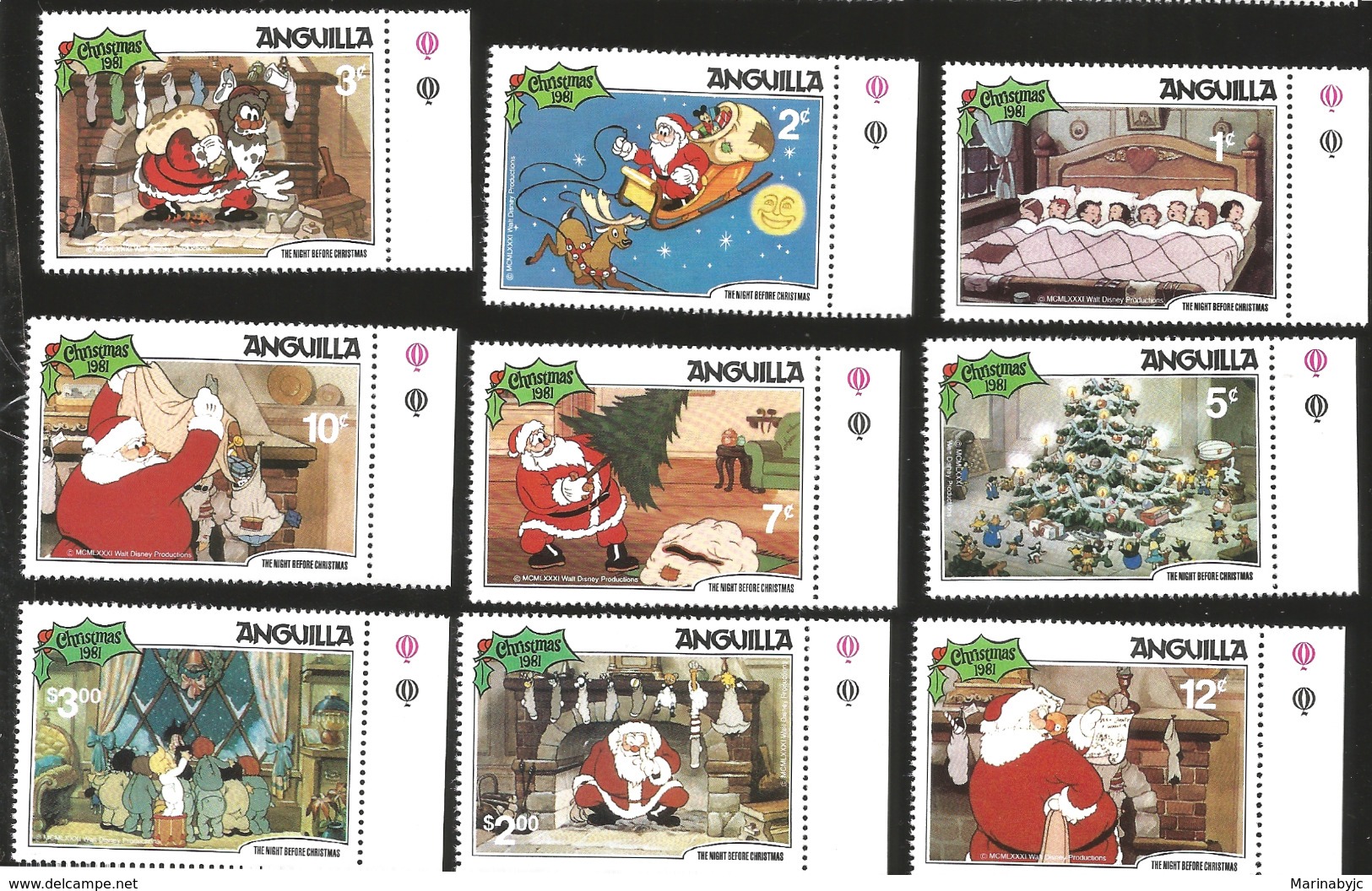 J) 1981 ANGUILLA, CHRISTMAS, THE NIGHT BEFORE CHRISTMAS, SANTA, SET OF 9 MNH - Anguilla (1968-...)