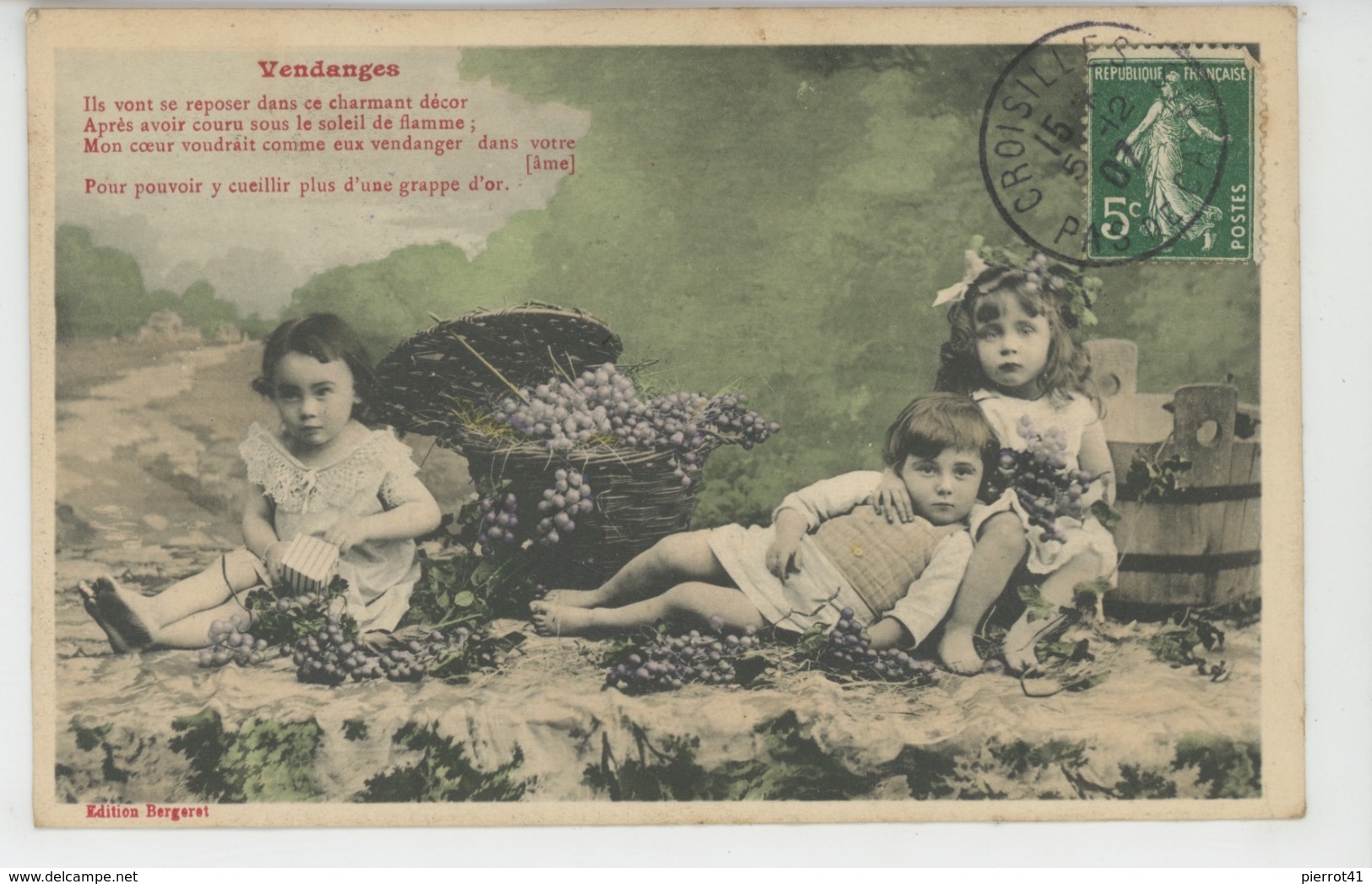 ENFANTS - LITTLE GIRL - MAEDCHEN - Jolie Carte Fantaisie Fillettes Et Raisin "VENDANGES " - Edit. BERGERET - Ritratti