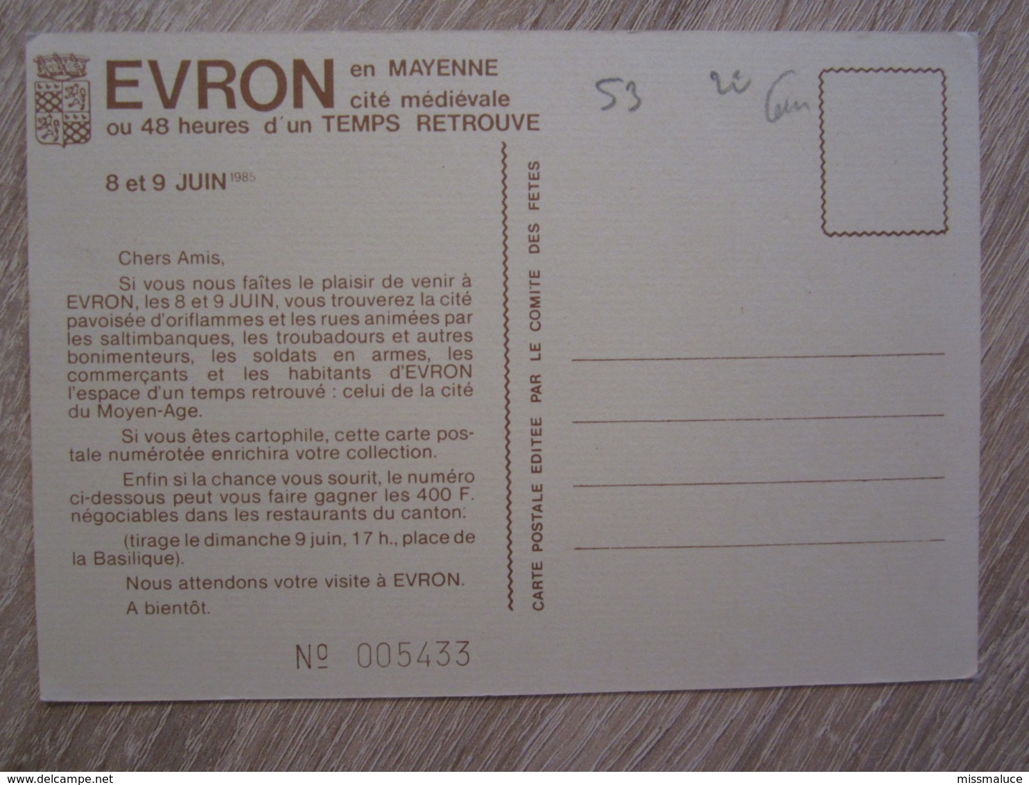 53 Mayenne Evron Cité Médiévale 8 Et 9 Juin 1985 - Evron