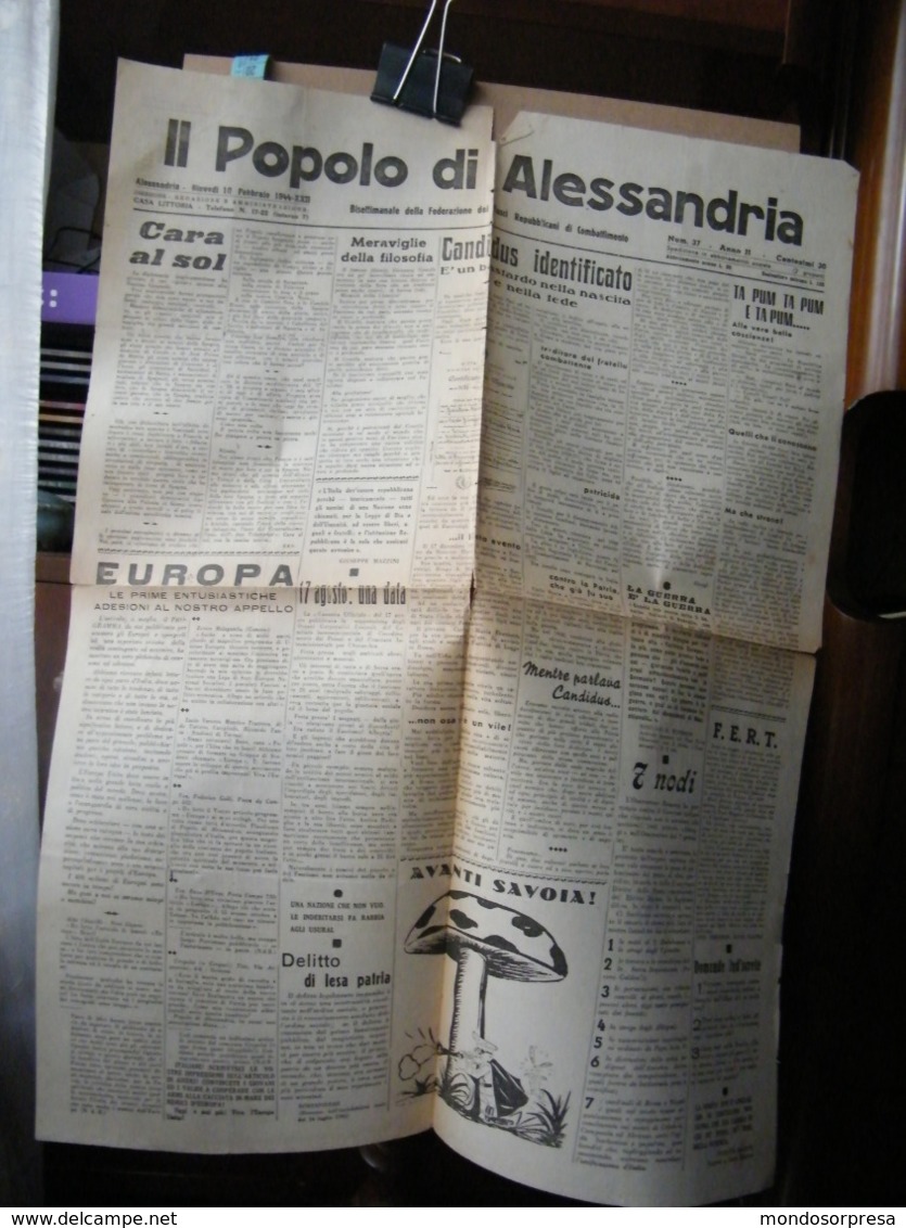 (G38) QUOTIDIANO IL POPOLO DI ALESSANDRIA BISETTIMANALE FEDERAZIONE FASCI REPUBBLICANI N° 37 ANNI II 10 FEBBRAIO 1944 - Italiano