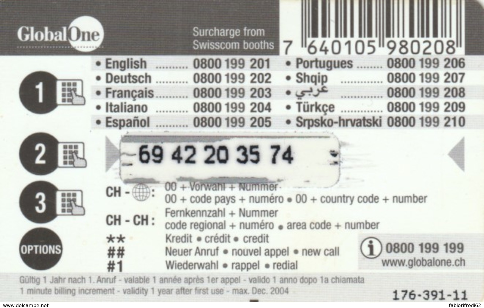 PREPAID PHONE CARD SVIZZERA-GLOBAL ONE (PK517 - Svizzera