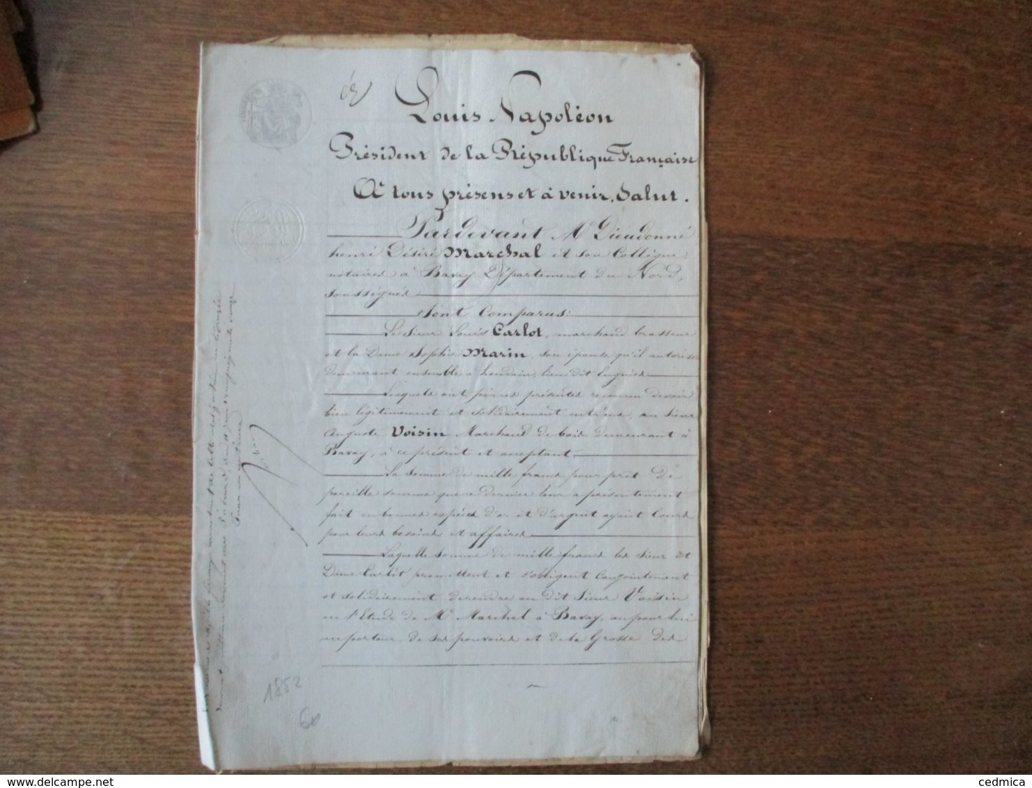 17 AVRIL 1852 OBLIGATION PAR LE SIEUR CARLOT MARCHAND BRASSEUR A HOUDAIN ET DAME SOPHIE MARIN SON EPOUSE A M.AUGUSTE VO - Manuscrits