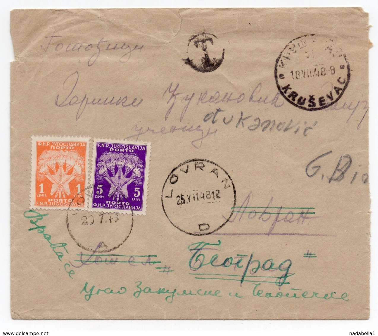 1948. VUJA,ISTRIA,YUGOSLAVIA,KRUSEVAC TO LOVRAN,POSTAGE DUE,RETURNED TO BELGRADE FROM LOVRAN - Postage Due