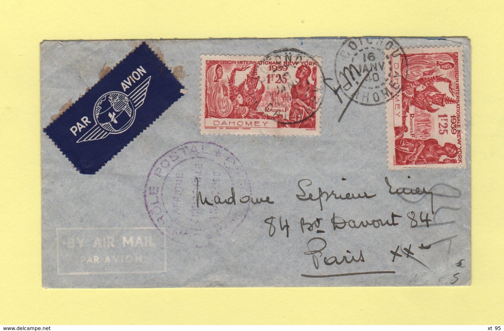 Dahomey - Cotonou - 16 Janvier 1940 - Controle Postal - Par Avion Destination France - Lettres & Documents