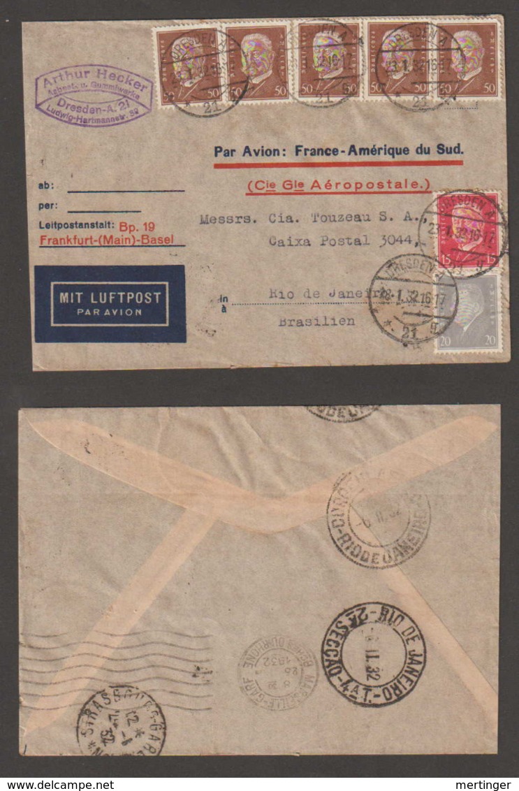 Deutsches Reich 1932 AIR FRANCE AEROPOSTALE Luftpost Brief DRESDEN Nach RIO DE JANEIRO Brasilien 285Pf - Lettres & Documents