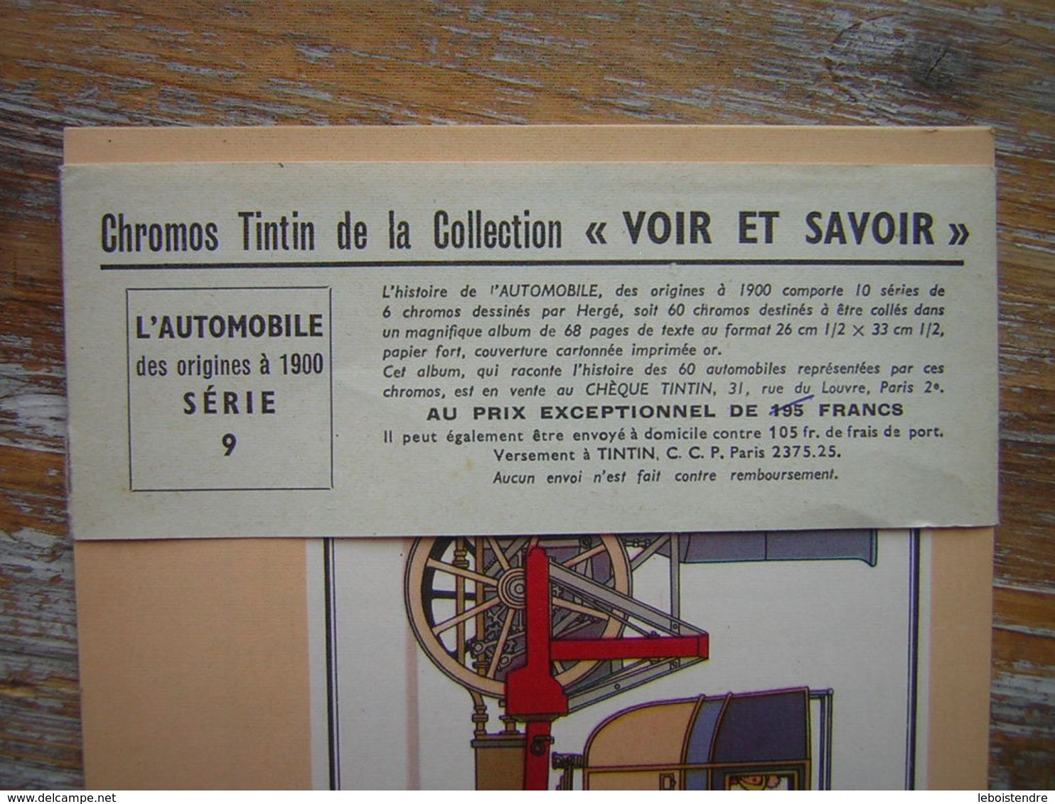 LOT DE 6 CHROMOS TINTIN DE LA COLLECTION VOIR ET SAVOIR L'AUTOMOBILE DES ORIGINE A 1900 SERIE 9 AVEC LA BANDE - Chromos