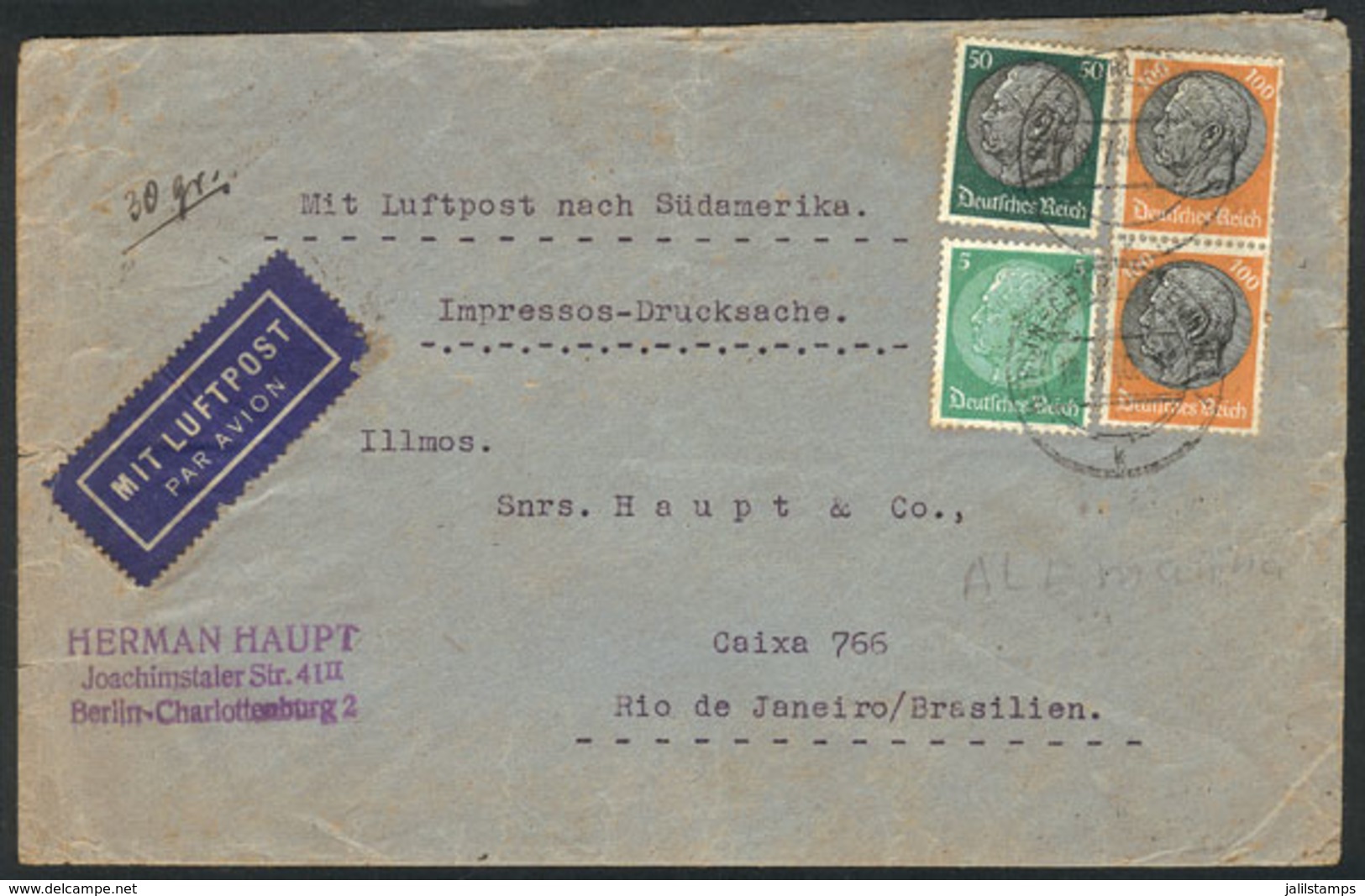 GERMANY: Airmail Cover That Contained Printed Matter And Weighed 30g, Sent From Berlin To Brazil On 18/JUL/1940, Franked - Cartas & Documentos