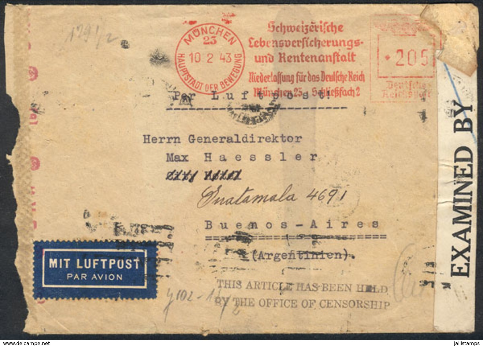 GERMANY: Airmail Cover Sent From München To Argentina On 10/FE/1943, With German Censor Marks At Left, The Cover Was Sei - Cartas & Documentos