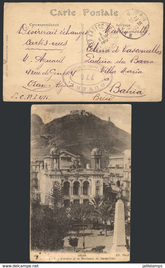 ALGERIA: Postcard Sent Stampless From Oran To Bahia (Brazil) On 30/DE/1918, VF Quality! - Algeria (1962-...)