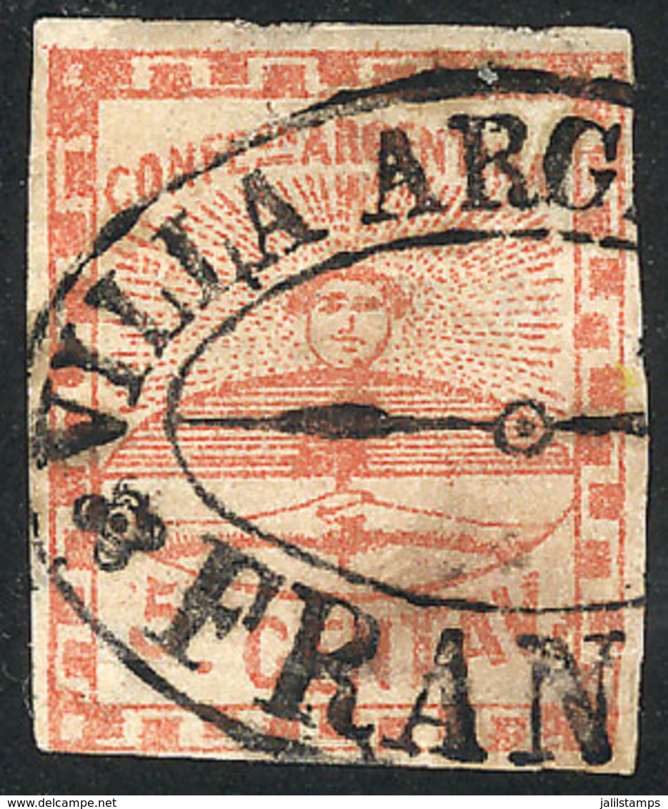 ARGENTINA: GJ.1, 5c. Red With The Extremely Rare Double Ellipse Cancel Of VILLA ARGENTINA (La Rioja) In Black Perfectly  - Other & Unclassified