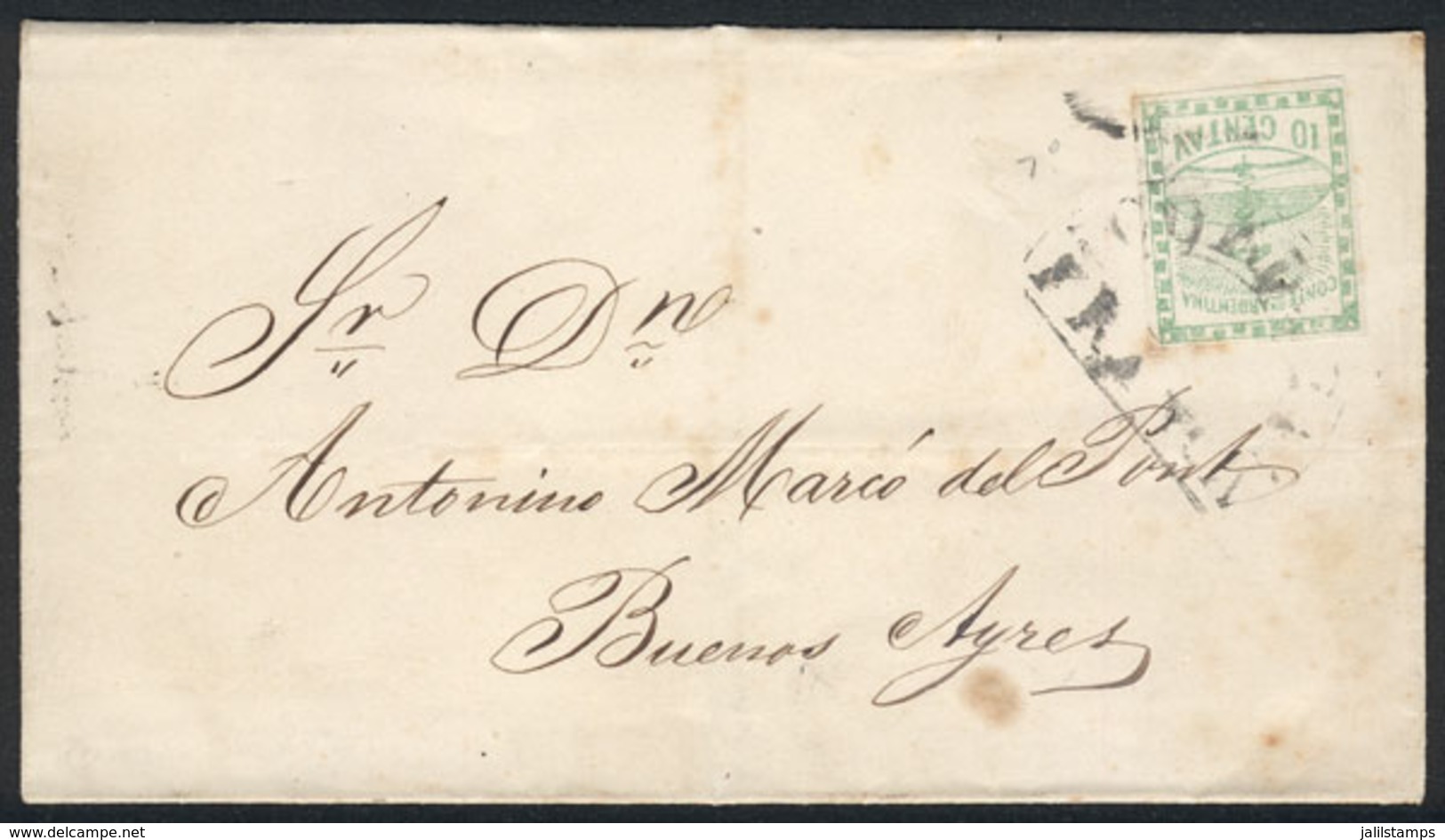 ARGENTINA: GJ.2, 1858 10c. Green On Folded Cover Dated 24/MAR/1859, To B.Aires, With Horseshoe CÓRDOBA-FRANCA Cancel, VF - Other & Unclassified