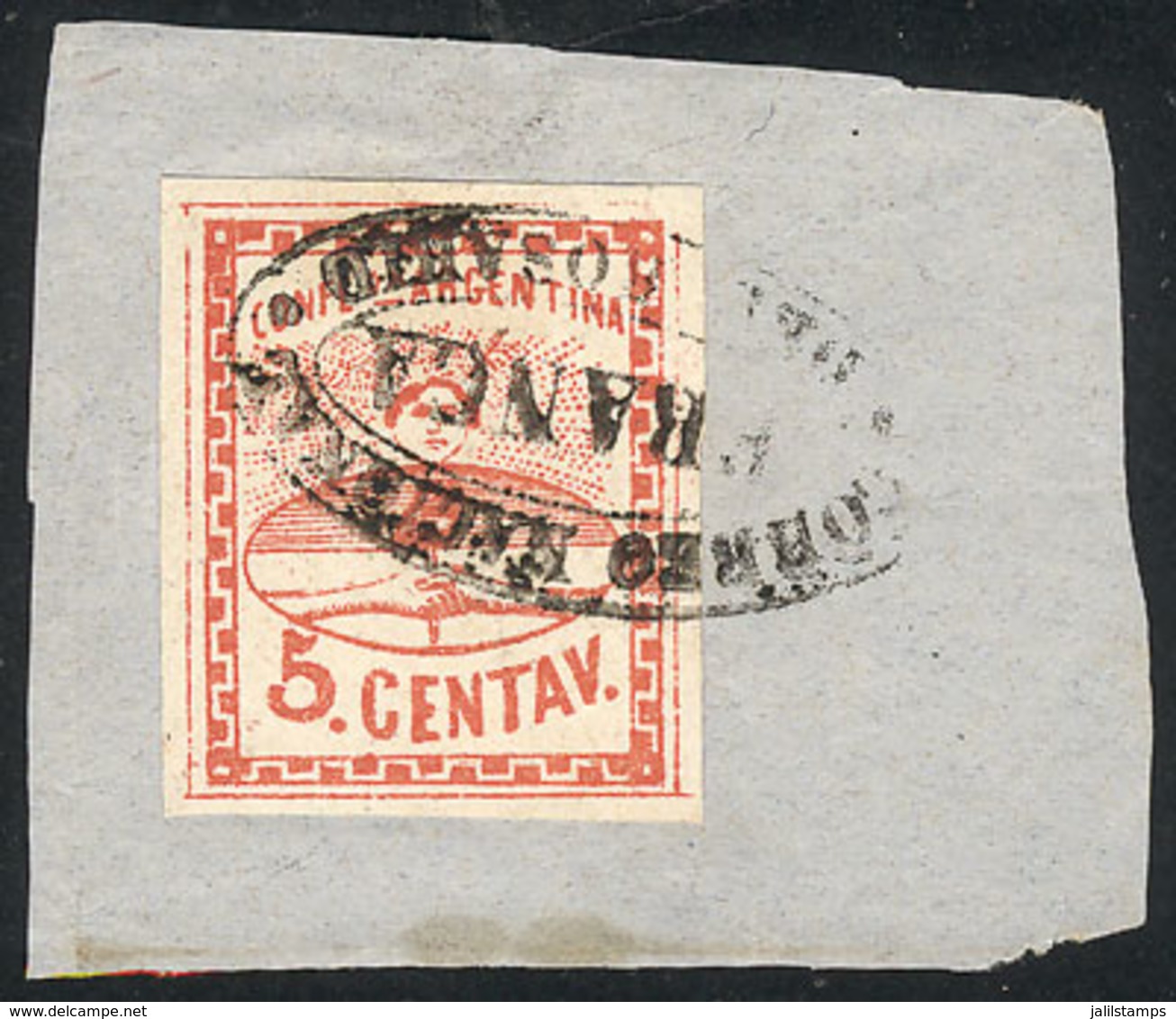 ARGENTINA: GJ.4, 5c. Large Figures, Tied On Fragment By Complete Ellipse ROSARIO-FRANCA Cancel, Excellent Quality, Very  - Other & Unclassified