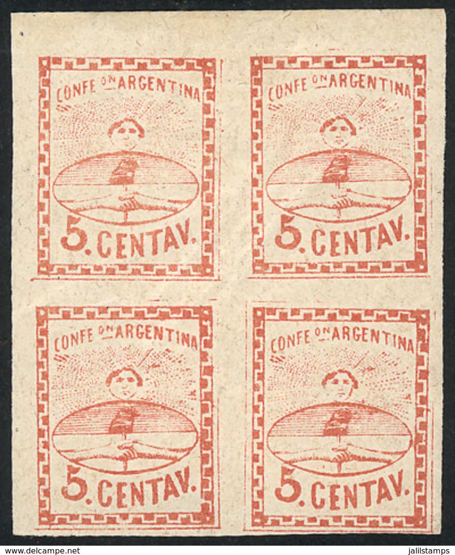 ARGENTINA: GJ.4c, 5c. Large Figures, Corner Block Of 4 With VARIETY: Without Frame Line, Top And Left Border", Excellent - Other & Unclassified