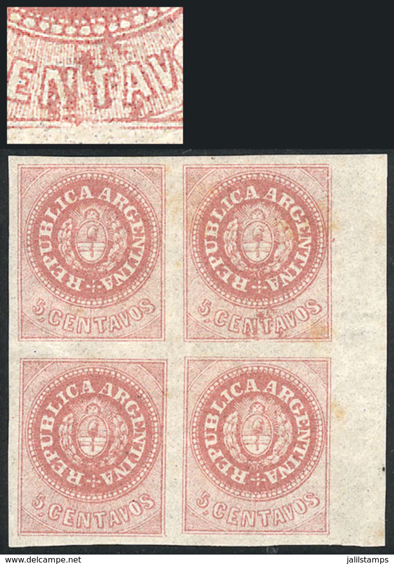 ARGENTINA: GJ.10, 5c. Rose, Beautiful Marginal Block Of 4, The Top Right Stamp With VARIETY: Several Retouches Around Th - Sonstige & Ohne Zuordnung