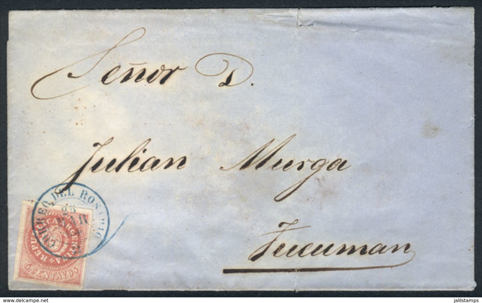 ARGENTINA: GJ.15, Seal Of The Republic 5c. Narrow C Pale Rose Color, On Folded Cover To Tucumán, With Datestamp Of ROSAR - Autres & Non Classés