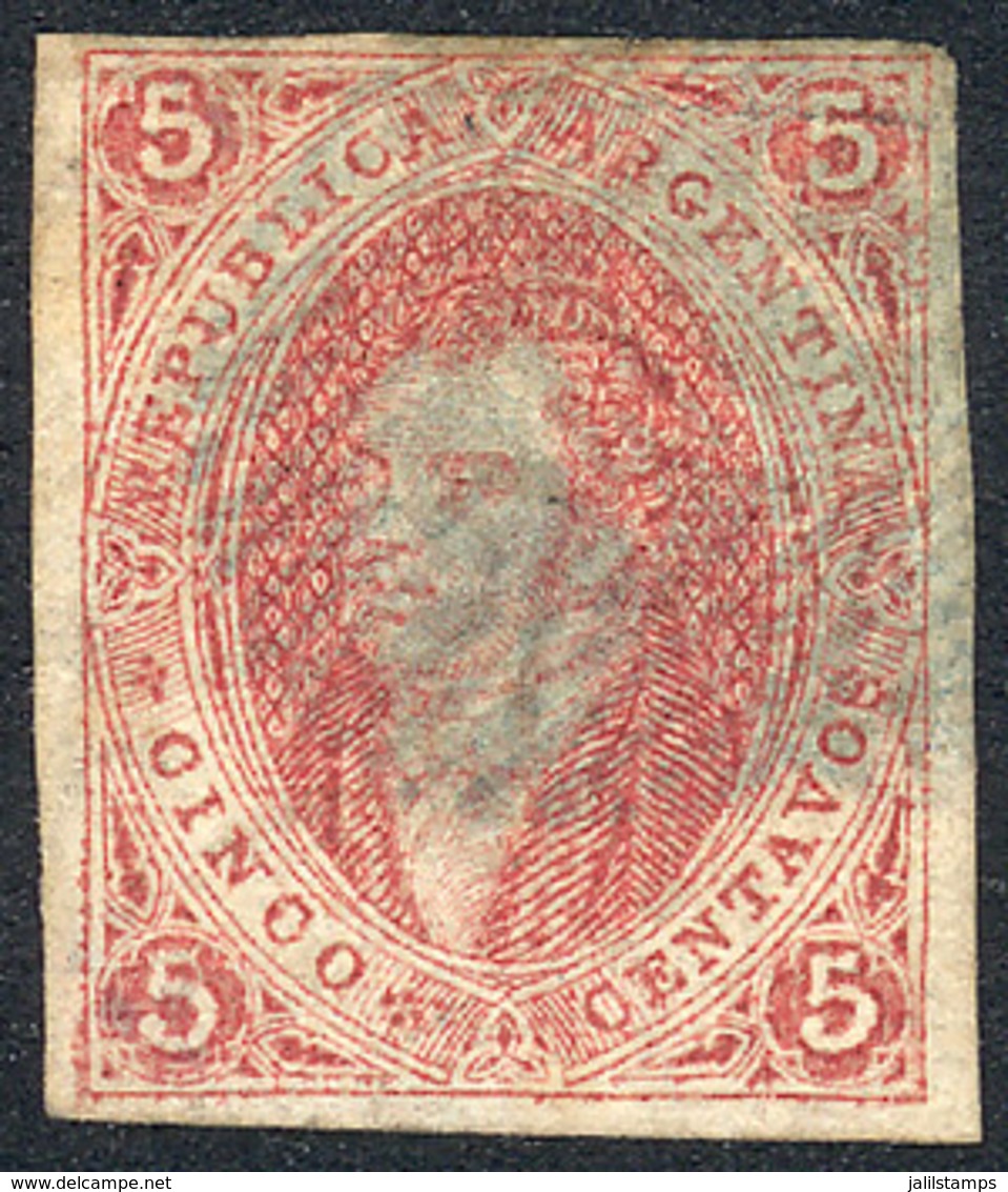 ARGENTINA: GJ.16d, 5c. 1st Printing Imperforate, PAPER RIBBED In Both Directions (quadrille) Variety , Blue OM Cancel, S - Nuevos