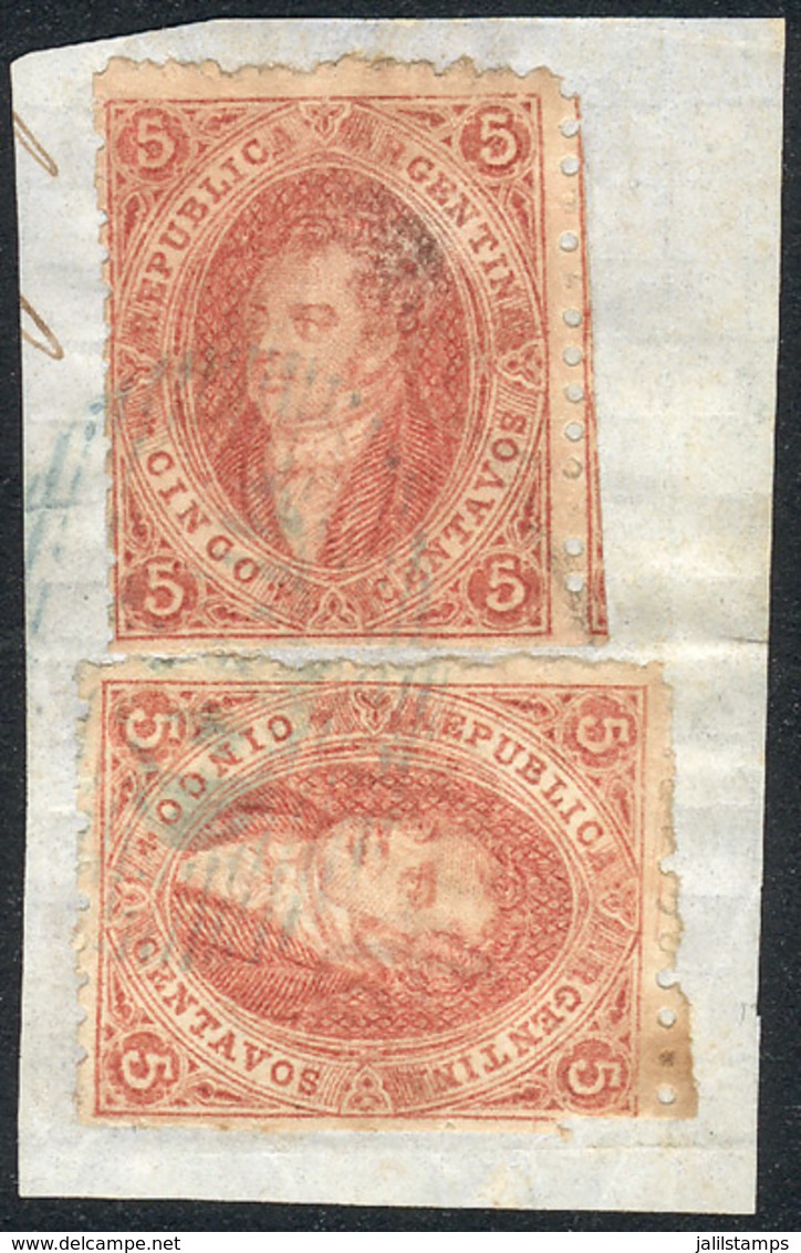 ARGENTINA: GJ.19i + 19, 1st Or 2nd Printing, 2 Examples (one Mulatto) On Fragment With Blue OM Cancel, Superb! - Nuevos