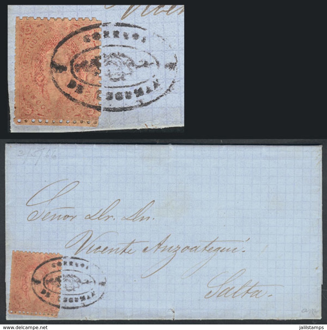 ARGENTINA: GJ.20, 3rd Printing, In Spectacular COFFEE Color, Franking An Entire Letter To Salta Of 3/MAY/1866, With Roco - Neufs