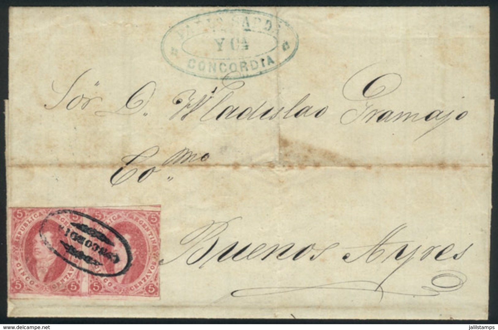 ARGENTINA: GJ.32, 7th Printing Imperforate, Beautiful PAIR Franking A Folded Cover Dated 12/SE/1867, With Ellipse CONCOR - Ungebraucht